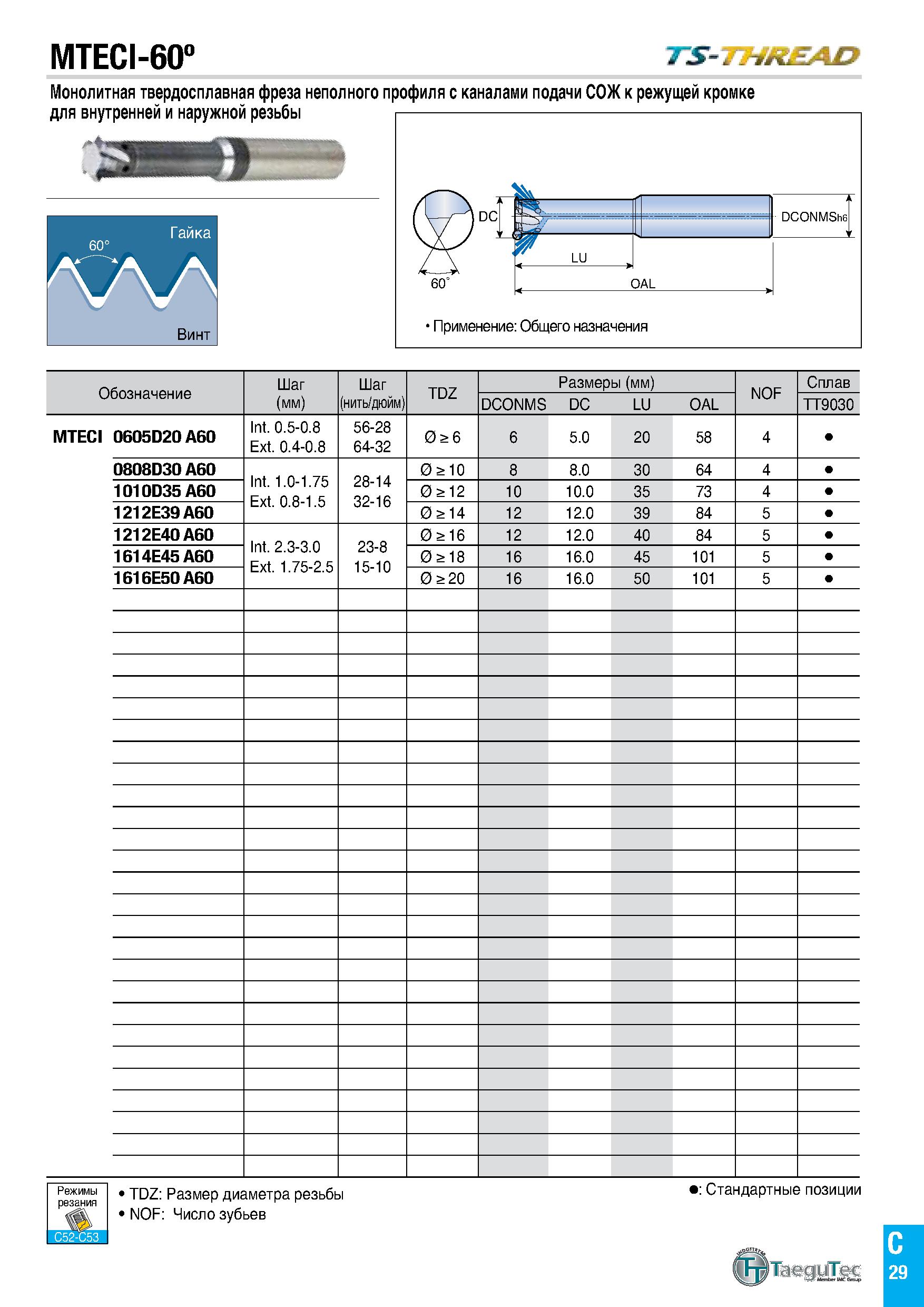 32 MTECI-600 7 S- 7/t£4Z Монолитная твердосплавная фреза неполного профиля с каналами подачи СОЖ к режущей кромке для внутренней и наружной резьбы Г Каталог TAEGUTEC 2020 Вращающийся режущий и вспомогательный инструмент по металлу Твердосплавные пластины Сборные фрезы с СМП Монолитные фрезы и сверла Инструментальные патроны Стр. C29