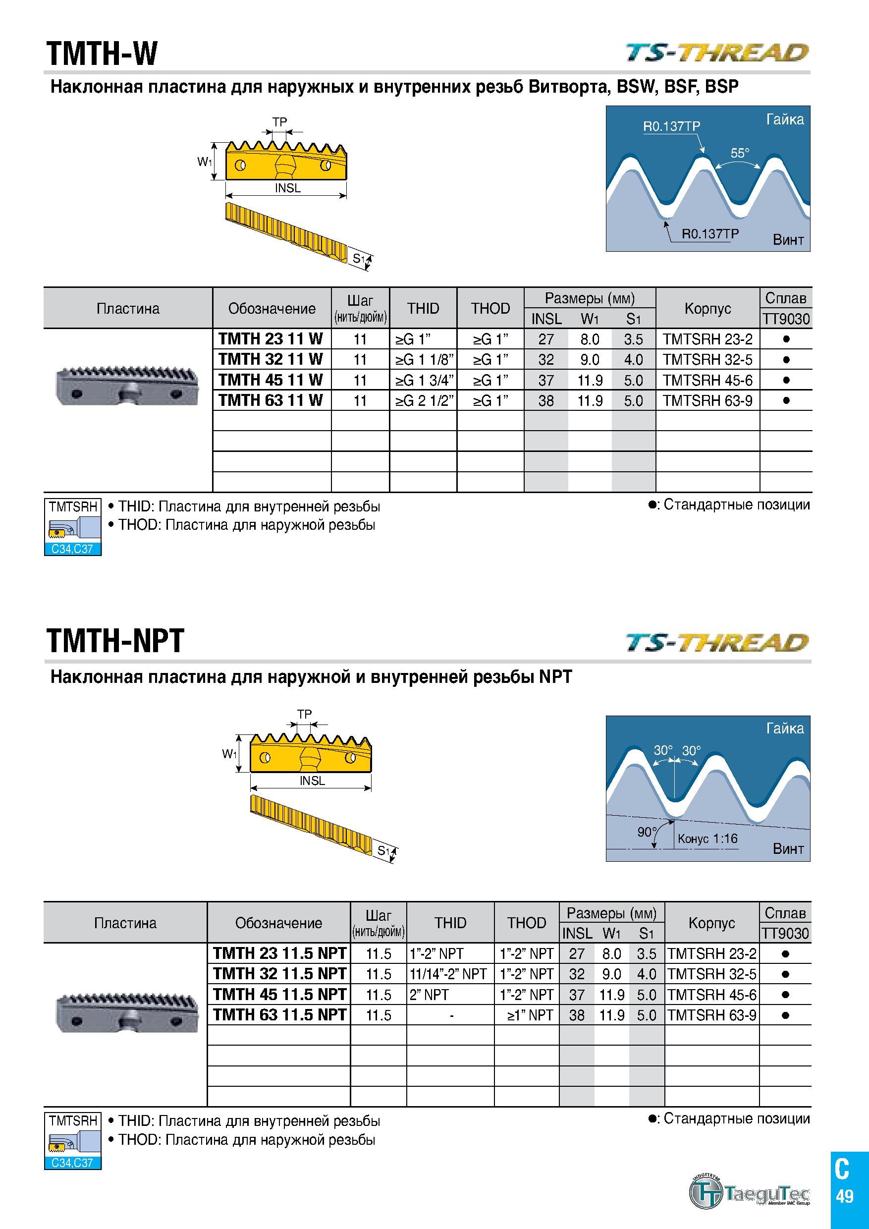 52 TMTH-W ITS-1 Наклонная пластина для наружных и внутренних резьб Витворта, BSW, BSF, BSP R0 137TP Гайка 55° \ R0-137TP Винт Пластина Обозначение Ш Каталог TAEGUTEC 2020 Вращающийся режущий и вспомогательный инструмент по металлу Твердосплавные пластины Сборные фрезы с СМП Монолитные фрезы и сверла Инструментальные патроны Стр. C49