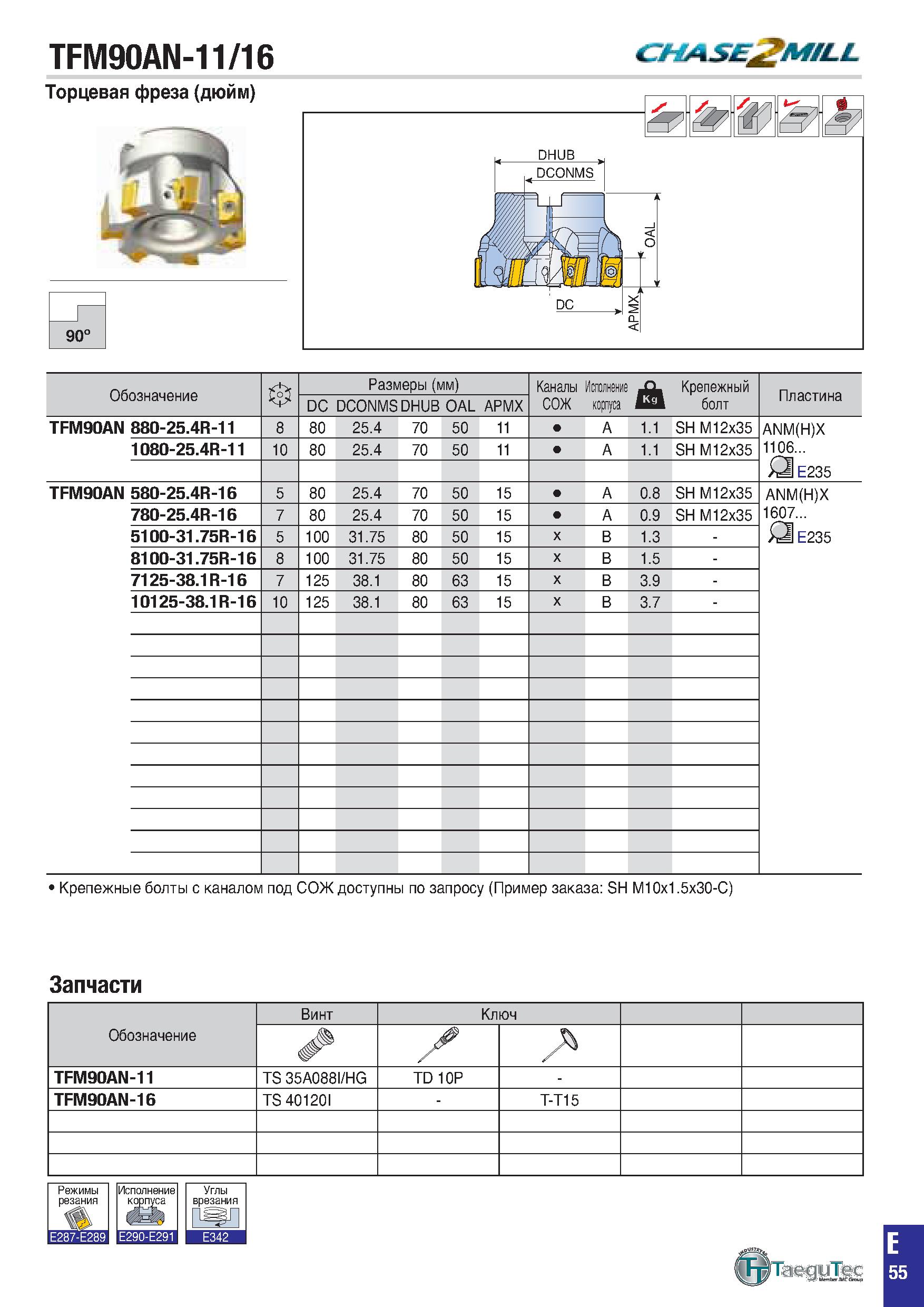 368 TFM90AN-11/16 OfMSE MlLL Торцевая фреза (дюйм) 90° Обозначение Размеры (мм) Каналы С ОЖ Исполнение корпуса j£l Крепежный болт Пластина DC DCONMSD Каталог TAEGUTEC 2020 Вращающийся режущий и вспомогательный инструмент по металлу Твердосплавные пластины Сборные фрезы с СМП Монолитные фрезы и сверла Инструментальные патроны Стр. E55