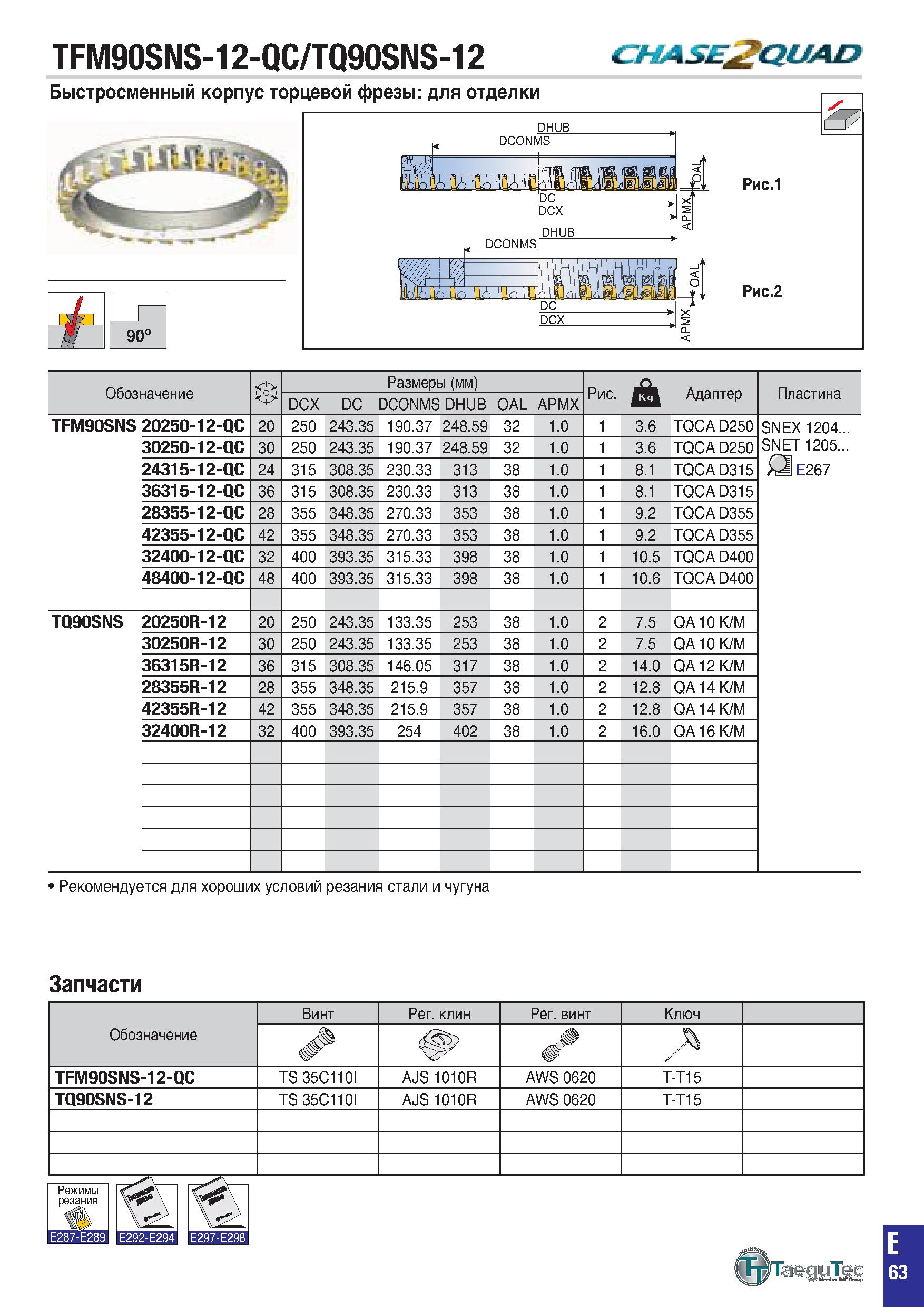 376 TFM90SNS-12-QC/TQ90SNS-12 CHASE GUAO Быстросменный корпус торцевой фрезы: для отделки 90° „ DCONMS ад ЯП ям Я fflfflUM ДшМрЩдн 1 Рис 1 Рис 2 Обоз Каталог TAEGUTEC 2020 Вращающийся режущий и вспомогательный инструмент по металлу Твердосплавные пластины Сборные фрезы с СМП Монолитные фрезы и сверла Инструментальные патроны Стр. E63