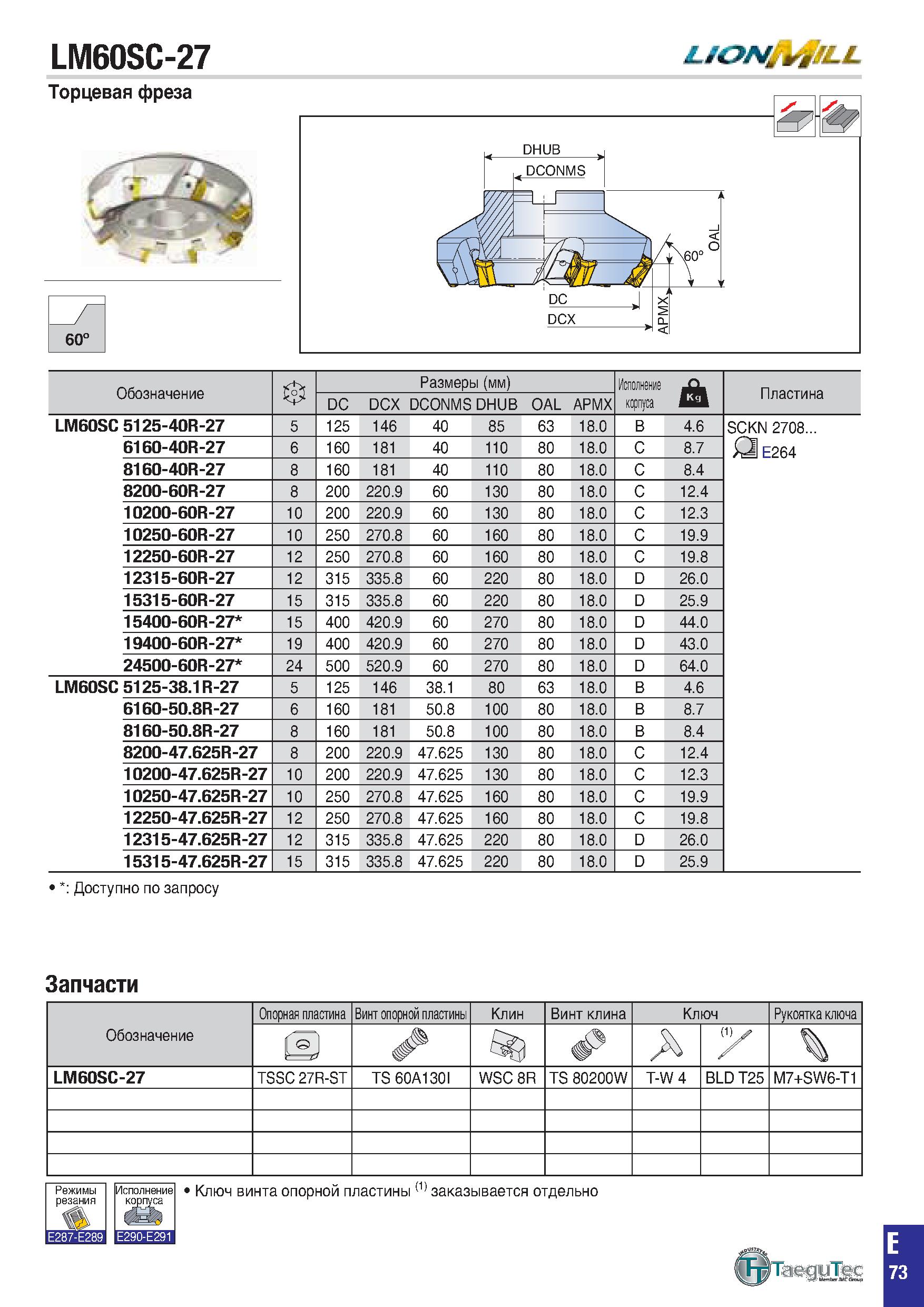 386 LM60SC-27 LSGN fLL Обозначение в Размеры (мм) Исполнение корпуса j£l Пластина DC DCX DCONMS DHUB OAL APMX LM60SC 5125-40R-27 5 125 146 40 85 63 1 Каталог TAEGUTEC 2020 Вращающийся режущий и вспомогательный инструмент по металлу Твердосплавные пластины Сборные фрезы с СМП Монолитные фрезы и сверла Инструментальные патроны Стр. E73