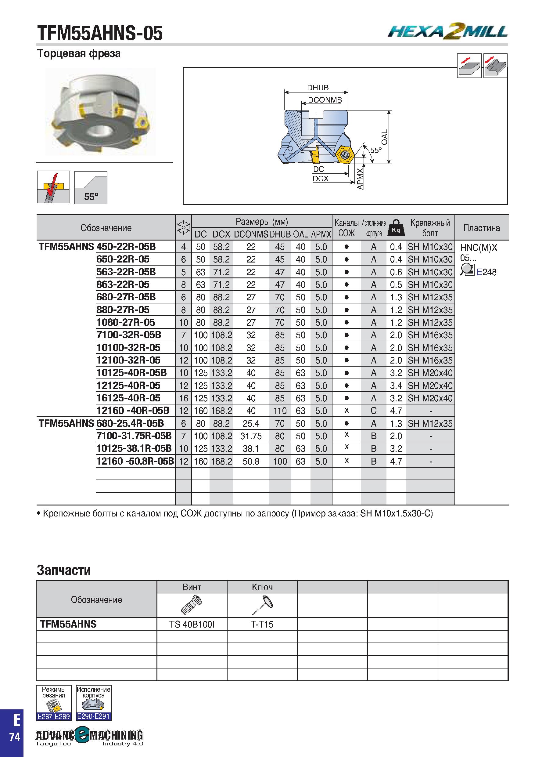 387 TFM55AHNS-05 HEXAnZMiLJL Торцевая фреза £ 55° Обозначение в Размеры (мм) Каналы Исполнение СОЖ корпуса J Крепежный болт Пластина DC DCX DCONMS DH Каталог TAEGUTEC 2020 Вращающийся режущий и вспомогательный инструмент по металлу Твердосплавные пластины Сборные фрезы с СМП Монолитные фрезы и сверла Инструментальные патроны Стр. E74