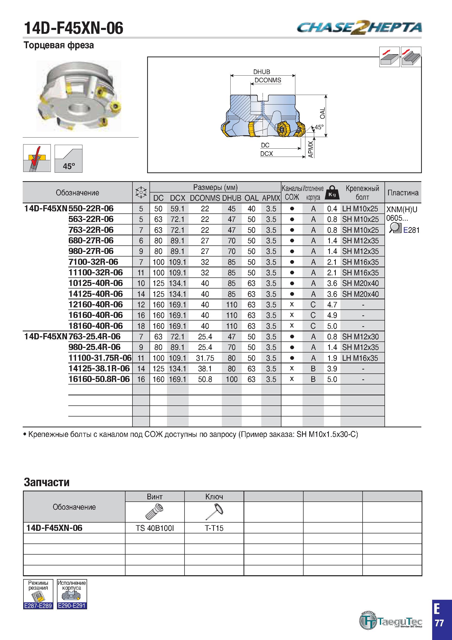 390 14D-F45XN-06 t/i:4 S£j HEPTAL Торцевая фреза £ 45° Обозначение в Размеры (мм) КаналыИсполнение СОЖ корпуса & Крепежный болт Пластина DC DCX DCONM Каталог TAEGUTEC 2020 Вращающийся режущий и вспомогательный инструмент по металлу Твердосплавные пластины Сборные фрезы с СМП Монолитные фрезы и сверла Инструментальные патроны Стр. E77