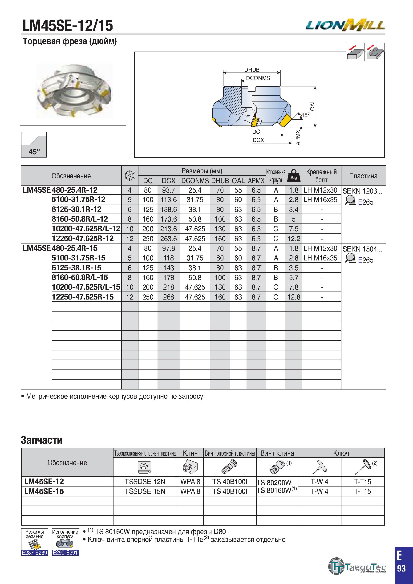 406 LM45SE-12/15 UCWMiLL Обозначение в Размеры (мм) Исполнение корпуса J Крепежный болт Пластина DC DCX DCONMS DHUB OAL APMX LM45SE 480-25 4R-12 4 80 Каталог TAEGUTEC 2020 Вращающийся режущий и вспомогательный инструмент по металлу Твердосплавные пластины Сборные фрезы с СМП Монолитные фрезы и сверла Инструментальные патроны Стр. E93