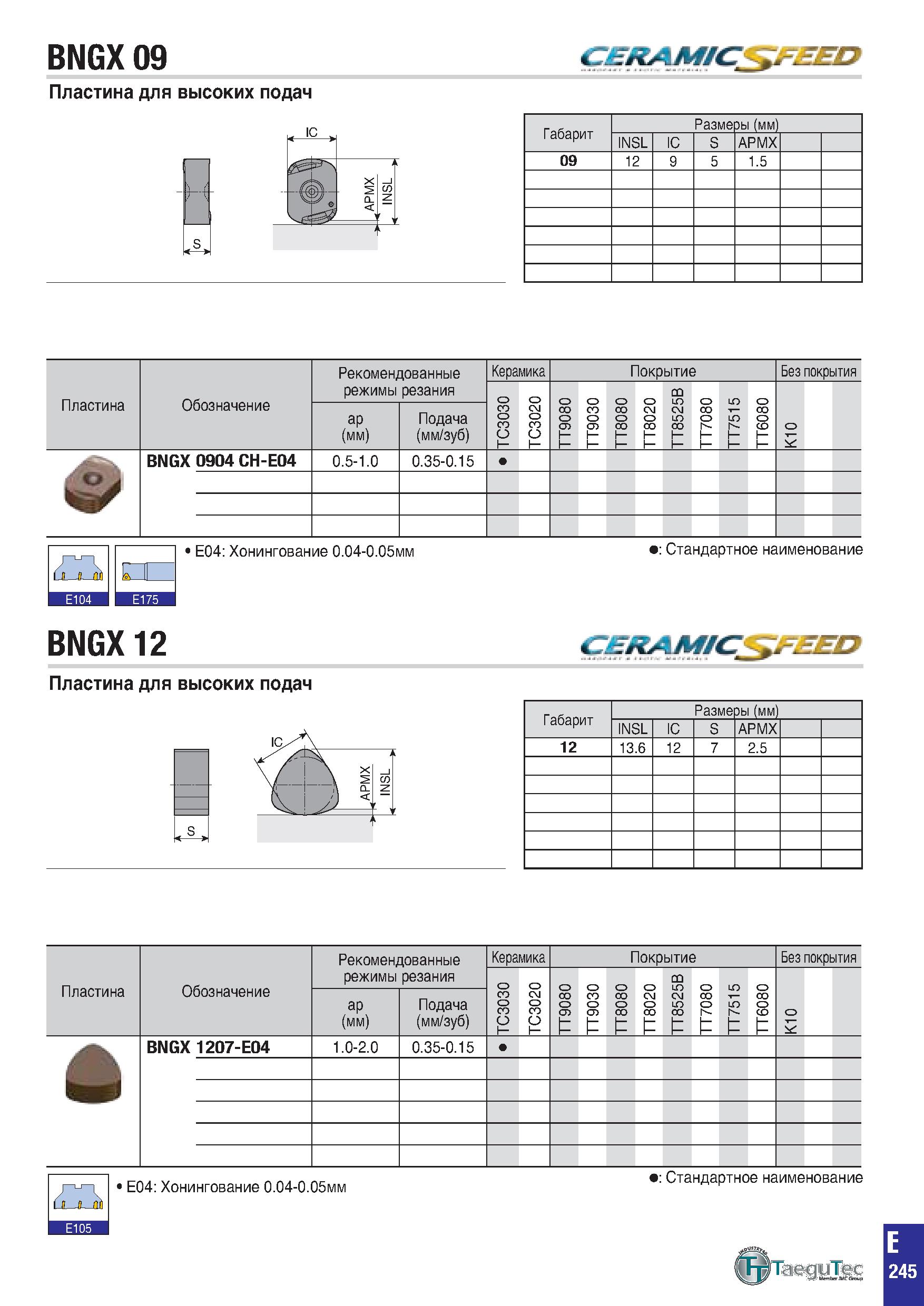 558 BNGX 09 ceramicsfeed Пластина для высоких подач X co z ’ CL- 'S: s> Габарит Разме ры (мм) INSL IC S APMX 09 12 9 5 1 5 Пластина Обозначение Реком Каталог TAEGUTEC 2020 Вращающийся режущий и вспомогательный инструмент по металлу Твердосплавные пластины Сборные фрезы с СМП Монолитные фрезы и сверла Инструментальные патроны Стр. E245