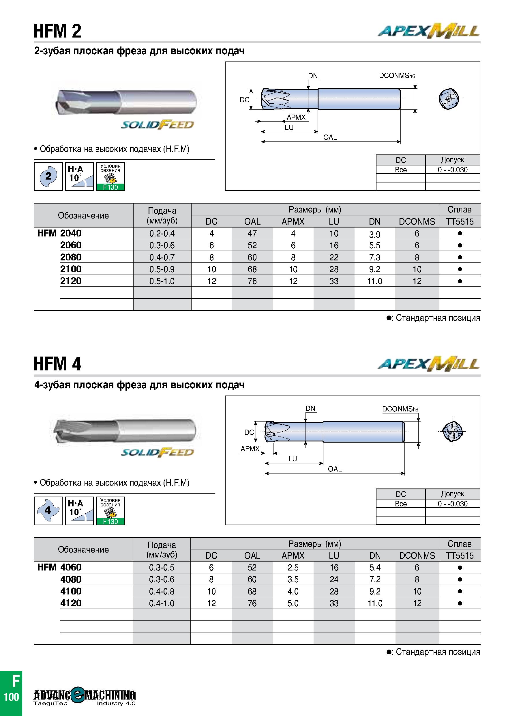 781 HFM 2 Af EXMrtJLL 2-зубая плоская фреза для высоких подач SOLID ЕР Обработка на высоких подачах (H F M) о 103 - DCONMSh6 APMX OAL LU > DC Допуск Каталог TAEGUTEC 2020 Вращающийся режущий и вспомогательный инструмент по металлу Твердосплавные пластины Сборные фрезы с СМП Монолитные фрезы и сверла Инструментальные патроны Стр. F100