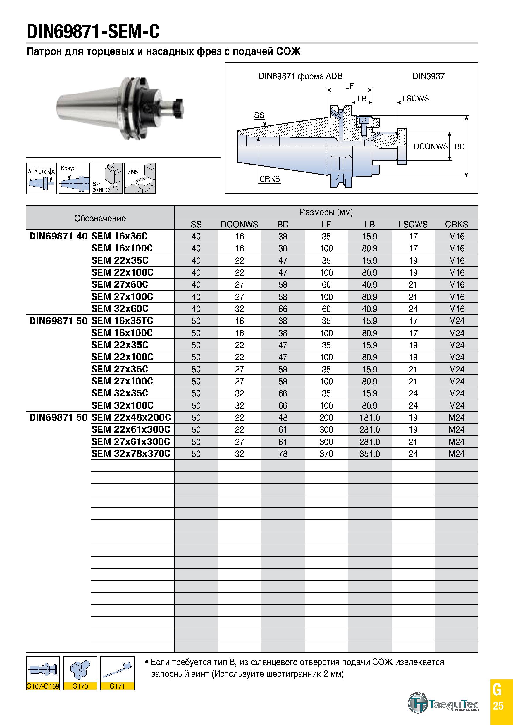 840 DIN69871-SEM-C Обозначение Размеры (мм) SS DCONWS BD LF LB LSCWS CRKS DIN69871 40 SEM 16x35C 40 16 38 35 15 9 17 M16 SEM 16x100C 40 16 38 100 80 Каталог TAEGUTEC 2020 Вращающийся режущий и вспомогательный инструмент по металлу Твердосплавные пластины Сборные фрезы с СМП Монолитные фрезы и сверла Инструментальные патроны Стр. G25