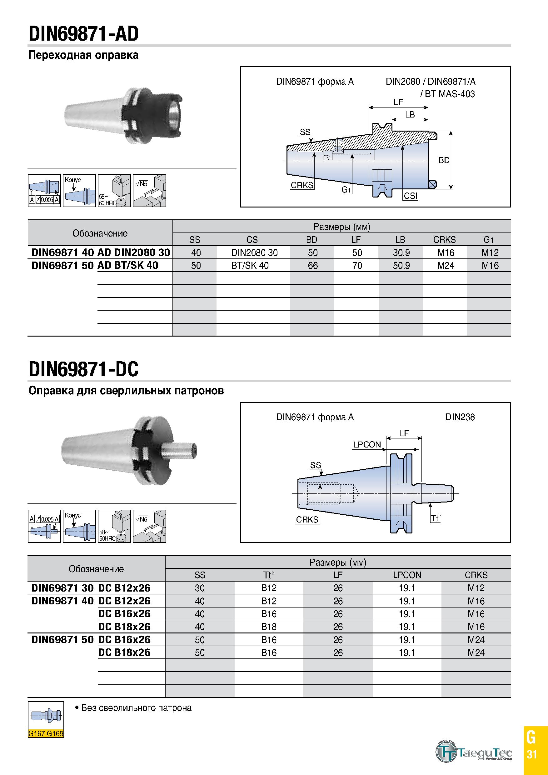 846 DI N69871 -AD Переходная оправка Mm дЩЦ Конус i A / 0 005 A DIN69871 форма A DIN2080 / DIN69871/A / BT MAS-403 Обозначение Размеры (мм) SS CSI BD Каталог TAEGUTEC 2020 Вращающийся режущий и вспомогательный инструмент по металлу Твердосплавные пластины Сборные фрезы с СМП Монолитные фрезы и сверла Инструментальные патроны Стр. G31