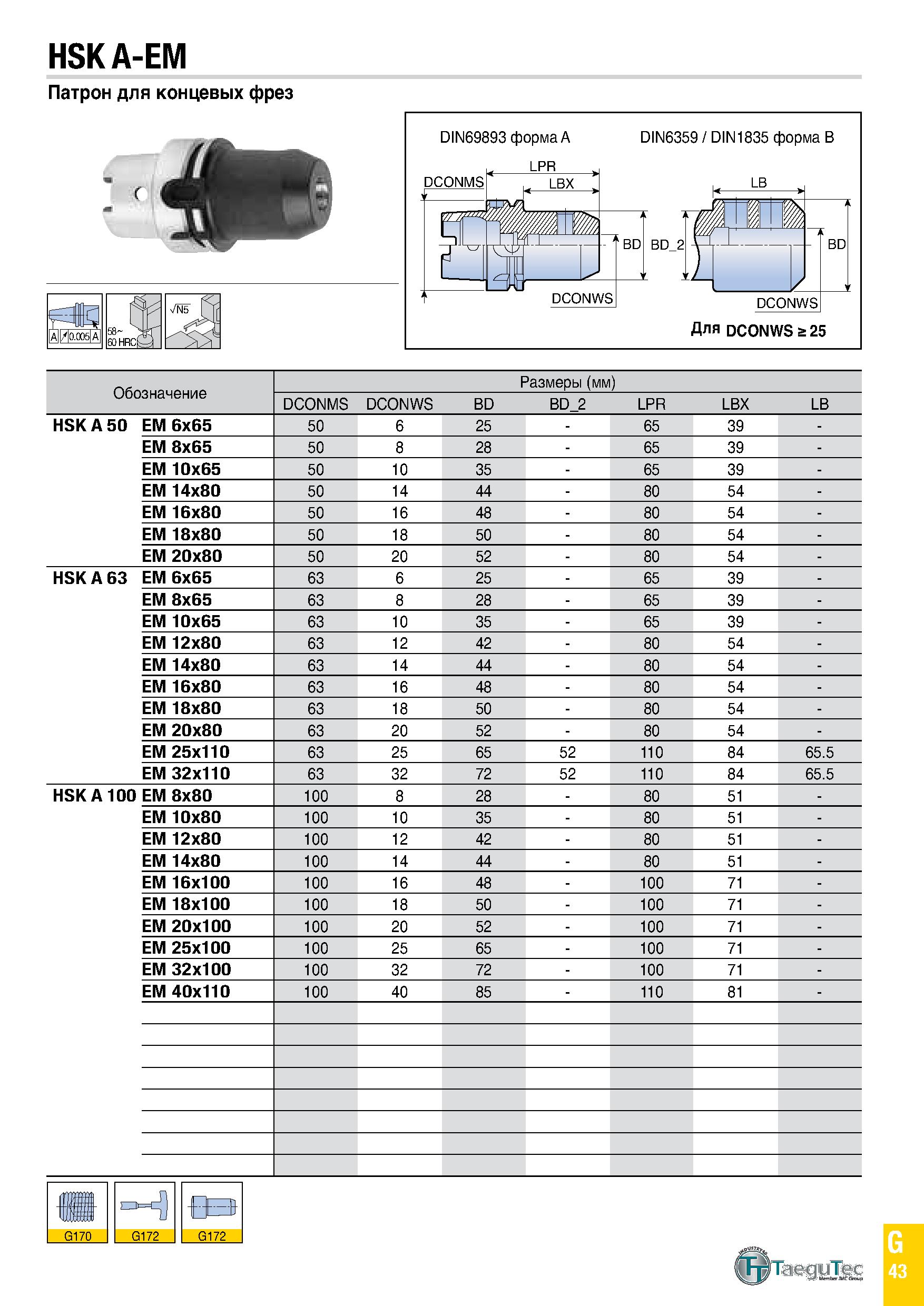 858 HSK A-EM Патрон для концевых фрез лш DIN69893 форма A DIN6359 / DIN1835 форма B Обозначение Размеры (мм) DCONMS DCONWS BD BD 2 LPR LBX LB HSK A 5 Каталог TAEGUTEC 2020 Вращающийся режущий и вспомогательный инструмент по металлу Твердосплавные пластины Сборные фрезы с СМП Монолитные фрезы и сверла Инструментальные патроны Стр. G43