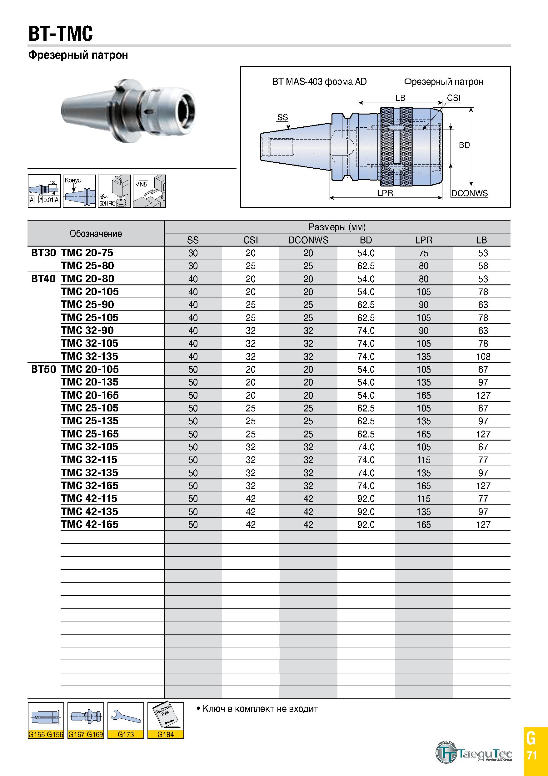 886 BT-TMC Фрезерный патрон Конус Обозначение Размеры (мм) SS CSI DCONWS BD LPR LB BT30 TMC 20-75 30 20 20 54 0 75 53 TMC 25-80 30 25 25 62 5 80 58 B Каталог TAEGUTEC 2020 Вращающийся режущий и вспомогательный инструмент по металлу Твердосплавные пластины Сборные фрезы с СМП Монолитные фрезы и сверла Инструментальные патроны Стр. G71