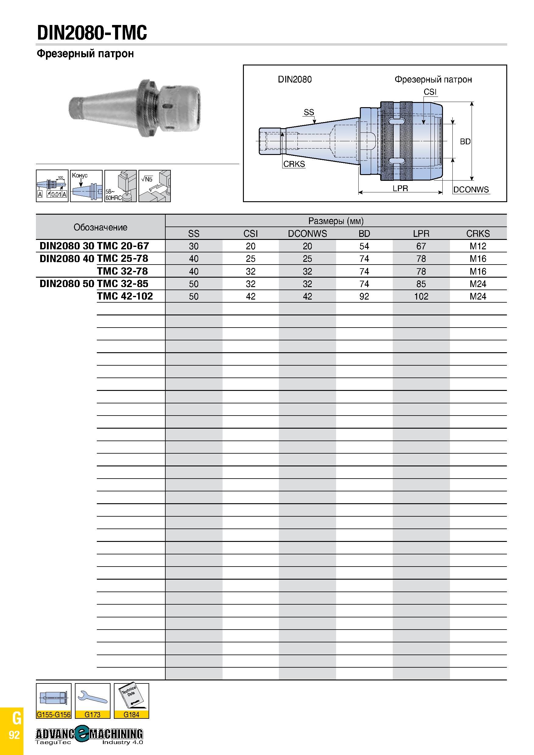 907 DIN2080-TMC Фрезерный патрон Обозначение Размеры (мм) SS CSI DCONWS BD LPR CRKS DIN2080 30 ТМС 20-67 30 20 20 54 67 M12 DIN2080 40 TMC 25-78 40 2 Каталог TAEGUTEC 2020 Вращающийся режущий и вспомогательный инструмент по металлу Твердосплавные пластины Сборные фрезы с СМП Монолитные фрезы и сверла Инструментальные патроны Стр. G92