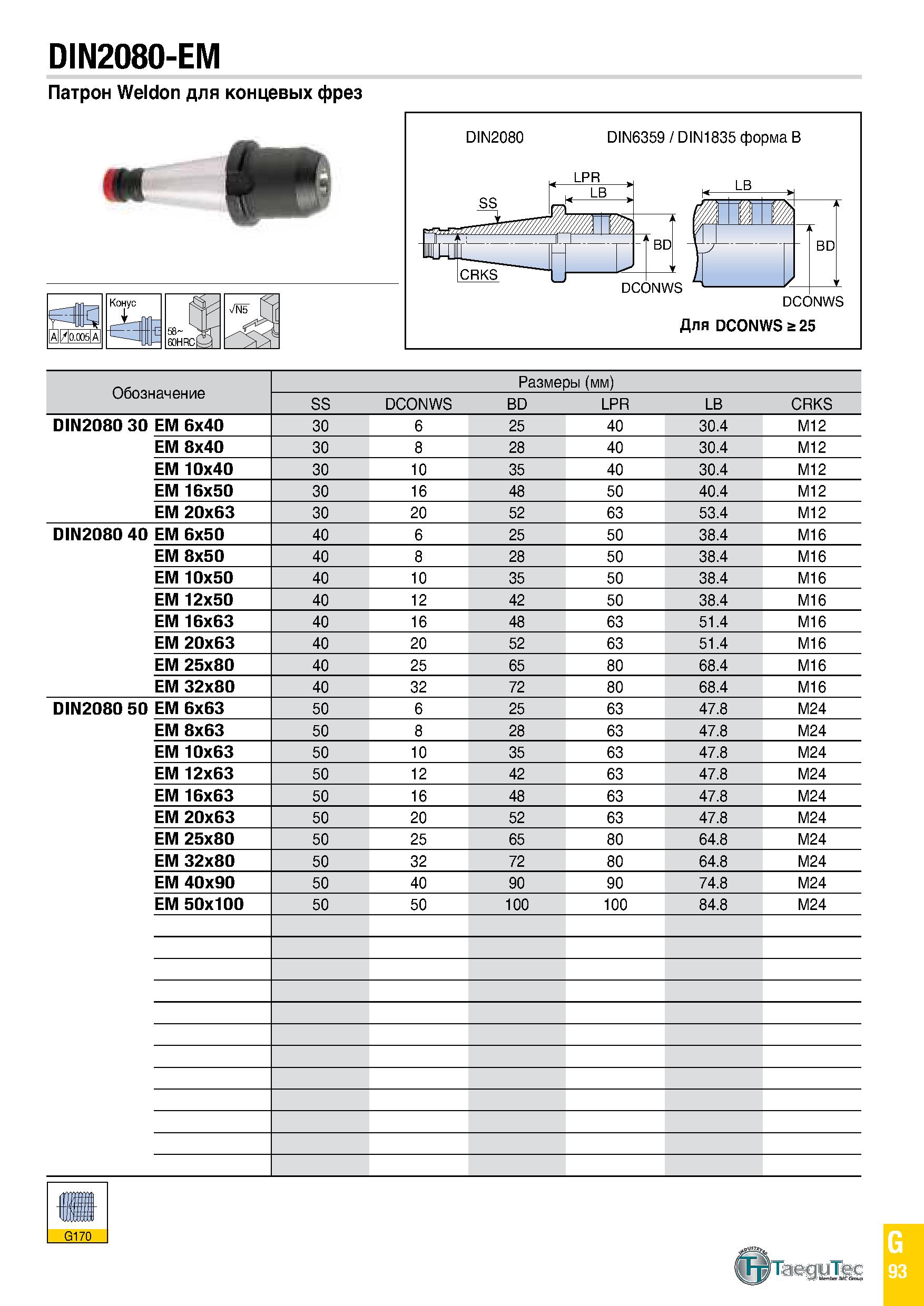 908 DIN2080-EM Патрон Weldon для концевых фрез Обозначение Размеры (мм) SS DCONWS BD LPR LB CRKS DIN2080 30 EM 6x40 30 6 25 40 30 4 M12 EM 8x40 30 8 Каталог TAEGUTEC 2020 Вращающийся режущий и вспомогательный инструмент по металлу Твердосплавные пластины Сборные фрезы с СМП Монолитные фрезы и сверла Инструментальные патроны Стр. G93