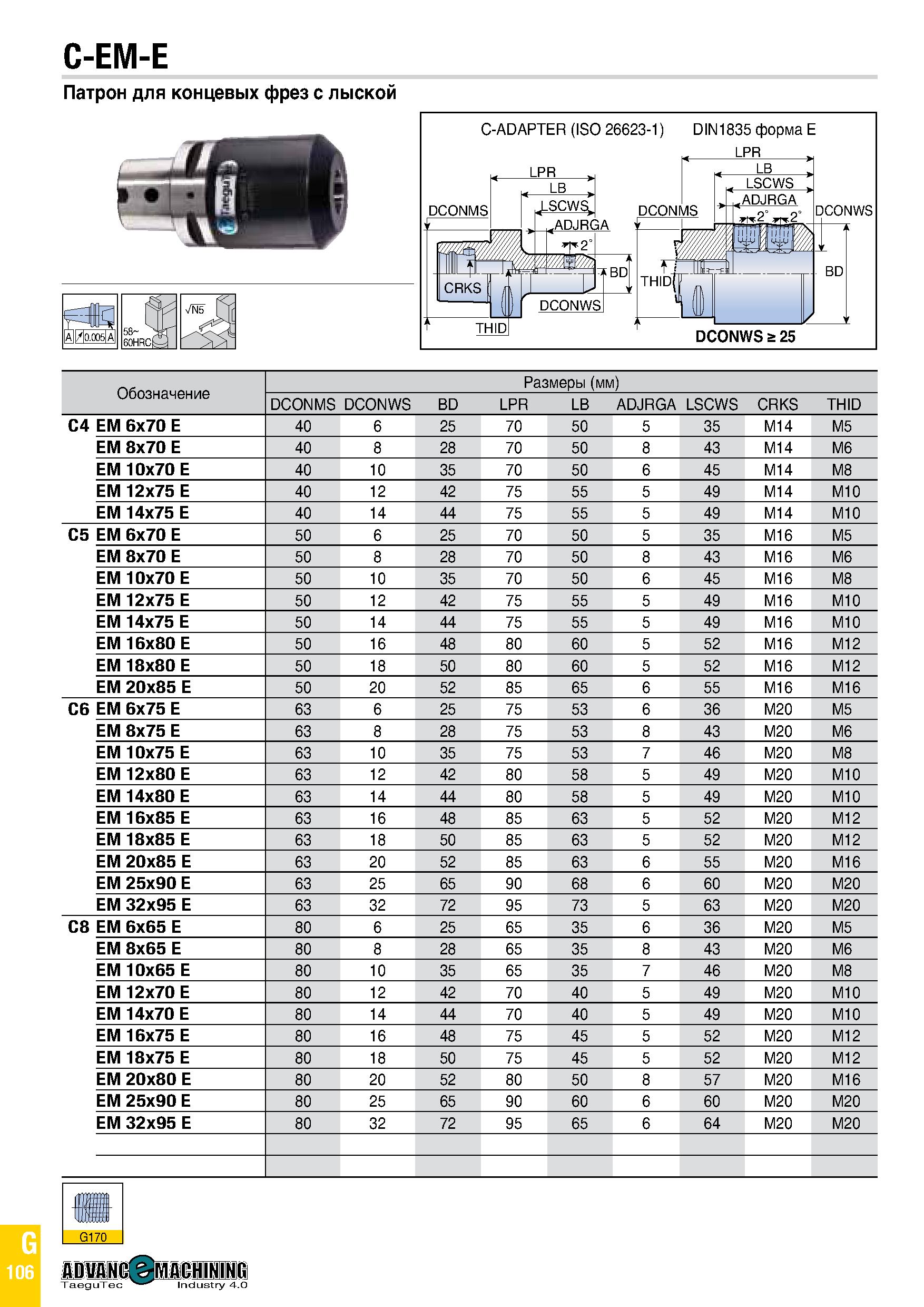 921 C-EM-E Патрон для концевых фрез с лыской Обозначение Размеры (мм) D :2: со D W со BD LPR LB ADJRGA LSCWS CRKS THID C4 EM 6x70 E 40 6 25 70 50 5 3 Каталог TAEGUTEC 2020 Вращающийся режущий и вспомогательный инструмент по металлу Твердосплавные пластины Сборные фрезы с СМП Монолитные фрезы и сверла Инструментальные патроны Стр. G106