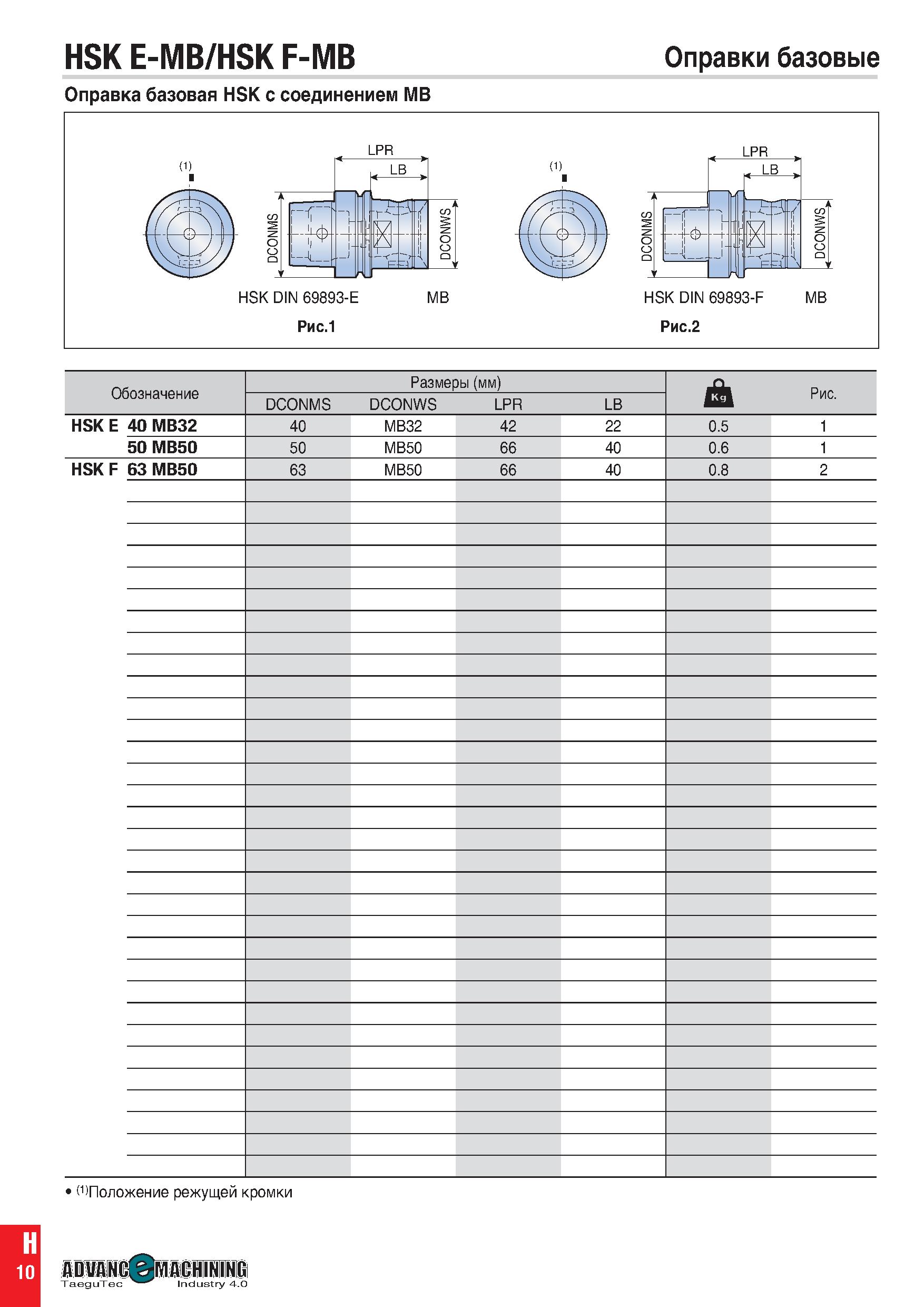 1019 HSK E-MB/HSK F-MB Оправки базовые Оправка базовая HSK с соединением MB Рис 1 Рис 2 (1) Обозначение Размеры (мм) J Рис DCONMS DCONWS LPR LB HSK E Каталог TAEGUTEC 2020 Вращающийся режущий и вспомогательный инструмент по металлу Твердосплавные пластины Сборные фрезы с СМП Монолитные фрезы и сверла Инструментальные патроны Стр. H10