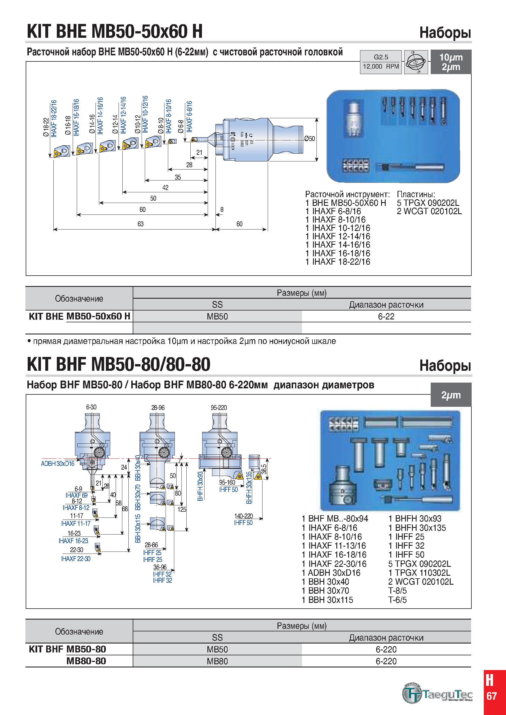 1076 KIT BHE MB50-50x60 H Наборы Расточной набор BHE MB50-50x60 H (6-22мм) с чистовой расточной головкой G2 5 10pm 12,000 RPM 2pm Расточной инструмент Каталог TAEGUTEC 2020 Вращающийся режущий и вспомогательный инструмент по металлу Твердосплавные пластины Сборные фрезы с СМП Монолитные фрезы и сверла Инструментальные патроны Стр. H67