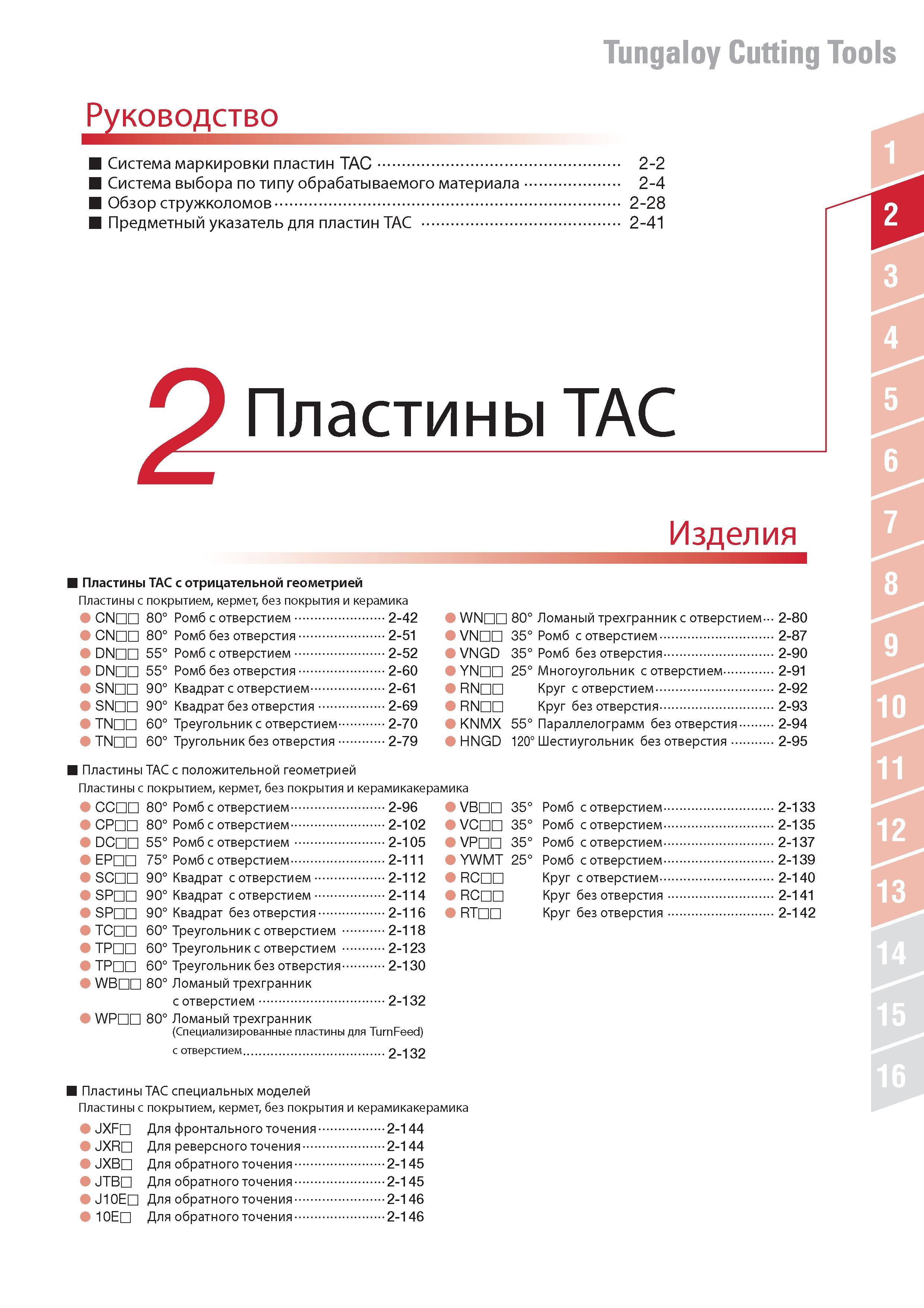 39 Сменные режущие токарные пластины Tungaloy из твердого сплава Подробное содержание раздела Система маркировки СМП TAC Система выбора по типу обрабатываемо Каталог TUNGALOY 2014 Металлорежущий инструмент и инструментальная оснастка Стр. 