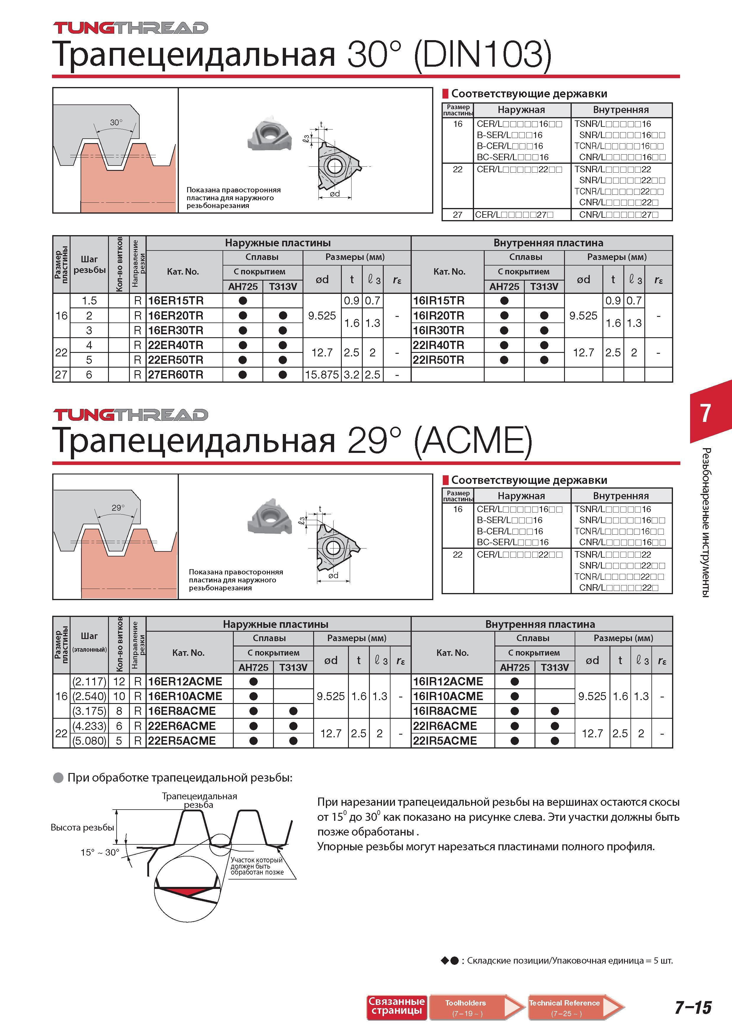 479 Трапецеидальная резьба 30 DIN103 Соответствующие державки Tungaloy Размер пластины Наружная Внутренняя 16 CER/L l6nn B-SER LDnni6 B-CER LDDD16 BC-SER LDDD Каталог TUNGALOY 2014 Металлорежущий инструмент и инструментальная оснастка Стр. 7-15