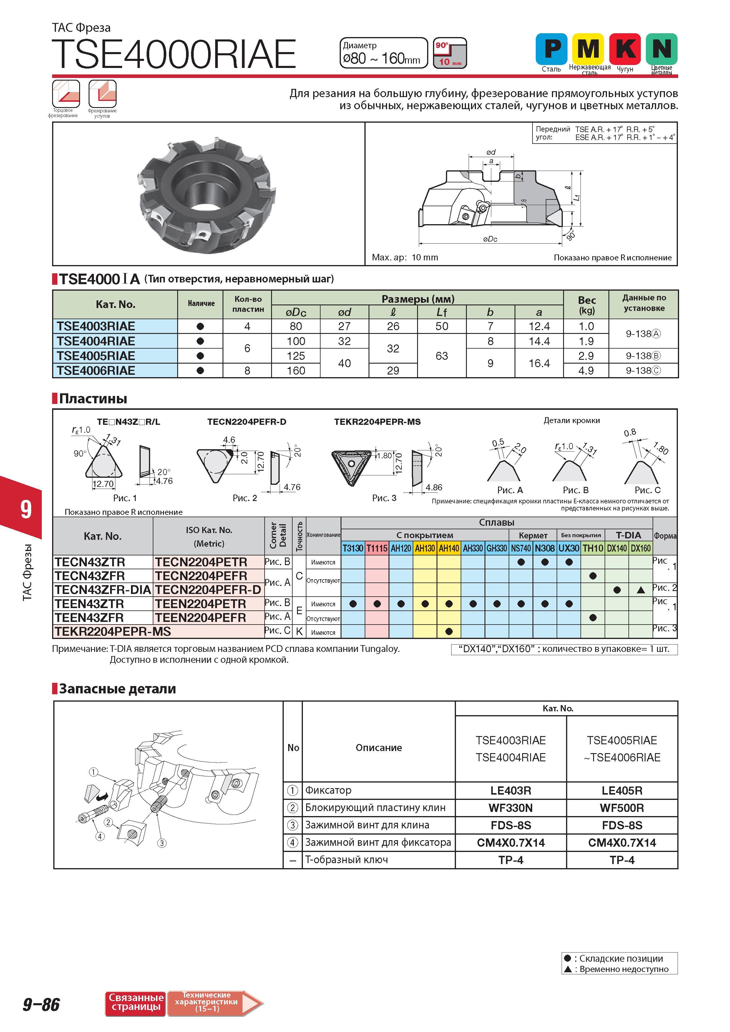656 Фреза Tungaloy TSE4000RIAE Диаметр 80 160 mm Р М К N Сталь Нержавеющая Чугун Цветные Торцовое фрезерование уступов Для резания на большую глубину фрезеров Каталог TUNGALOY 2014 Металлорежущий инструмент и инструментальная оснастка Стр. 9-86