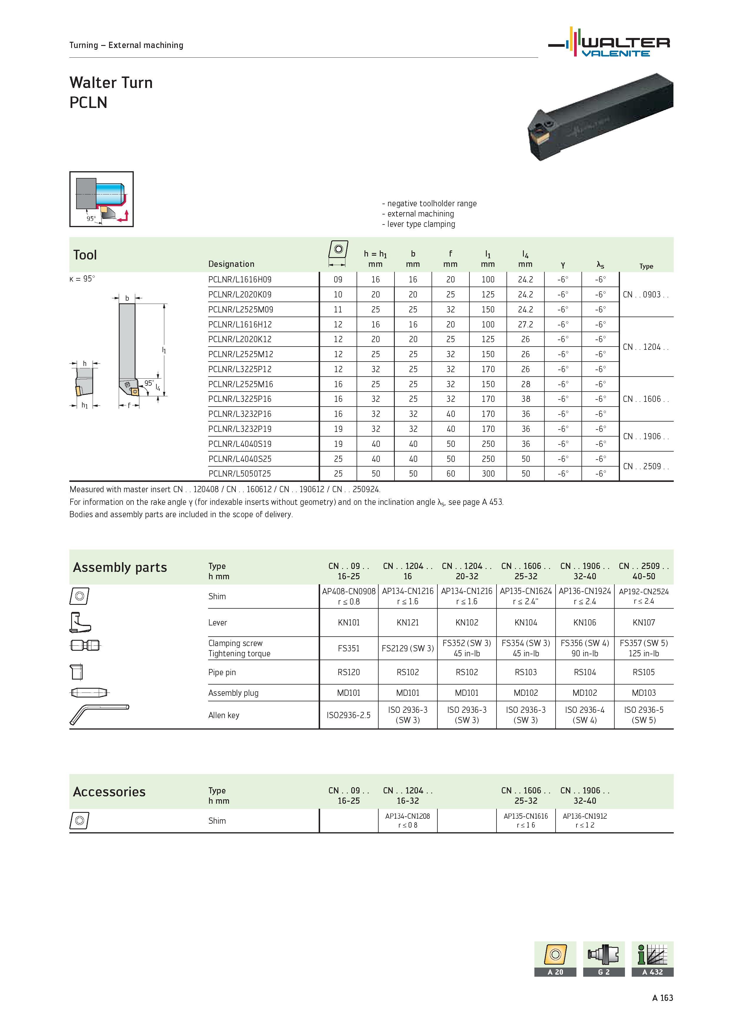 167 Turning External machining WALTER Valenite Walter Turn PCLN negative toolholder range external machining lever type clamping Tool Designation h h Каталог WALTER 2012 Металлорежущий инструмент и инструментальная оснастка Valenite для станков и металлообрабатывающих комплексов Стр. A163