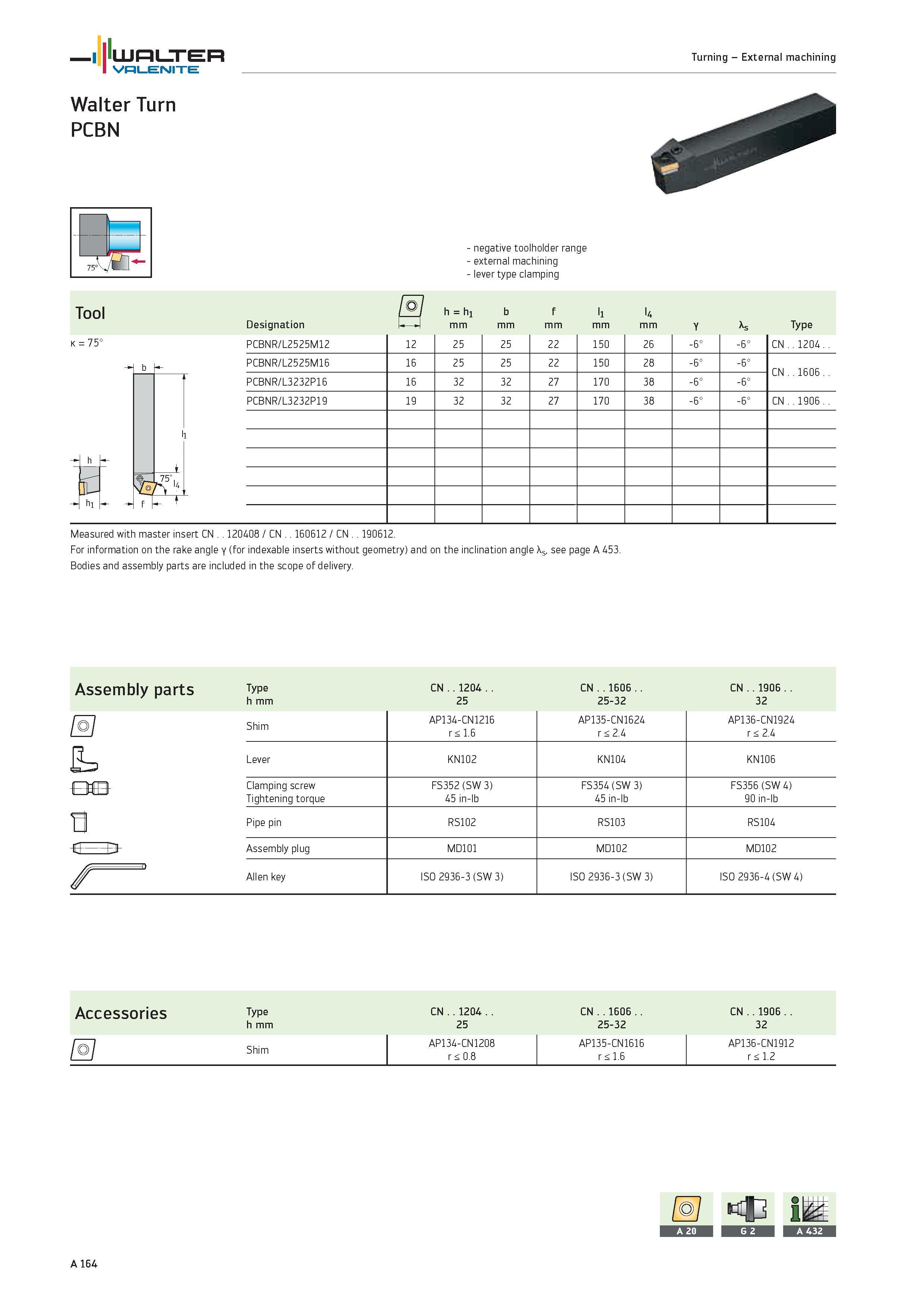 168 WALTER Valenite Turning External machining 75°°\ k 75° b a l1 + kv f t negative toolholder range external machining lever type clamping Tool h h1 Каталог WALTER 2012 Металлорежущий инструмент и инструментальная оснастка Valenite для станков и металлообрабатывающих комплексов Стр. A164