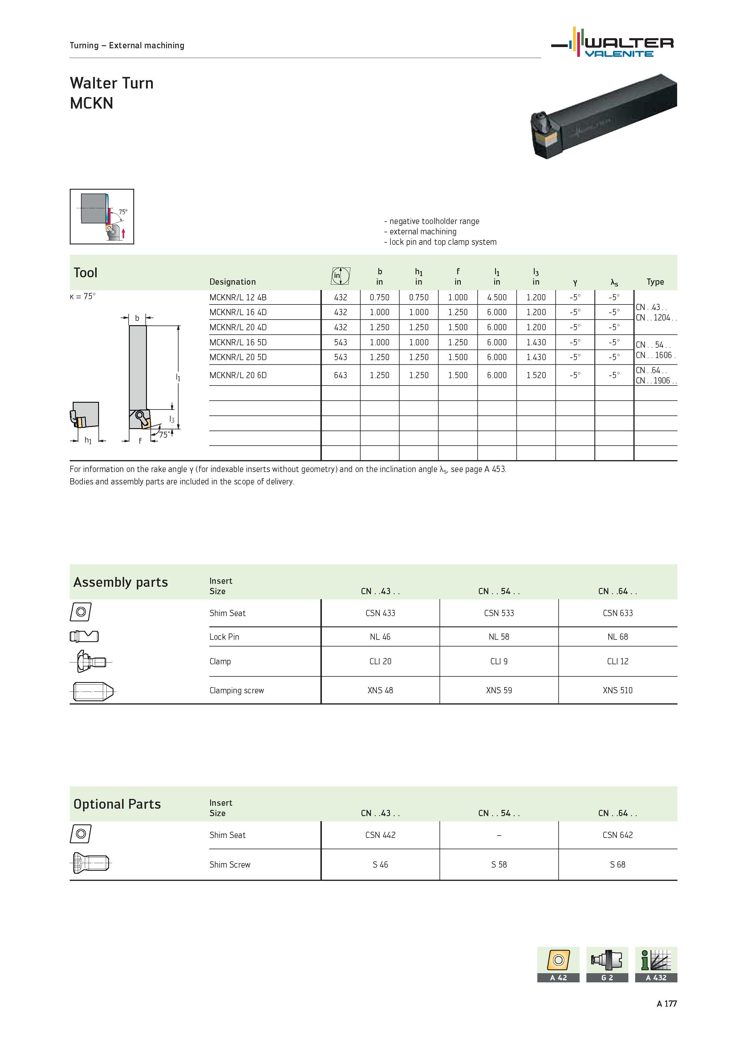 181 WALTER Valenite Turning External machining Walter Turn MCKN K 75° PS l3 75't negative toolholder range external machining lock pin and top clamp Каталог WALTER 2012 Металлорежущий инструмент и инструментальная оснастка Valenite для станков и металлообрабатывающих комплексов Стр. A177