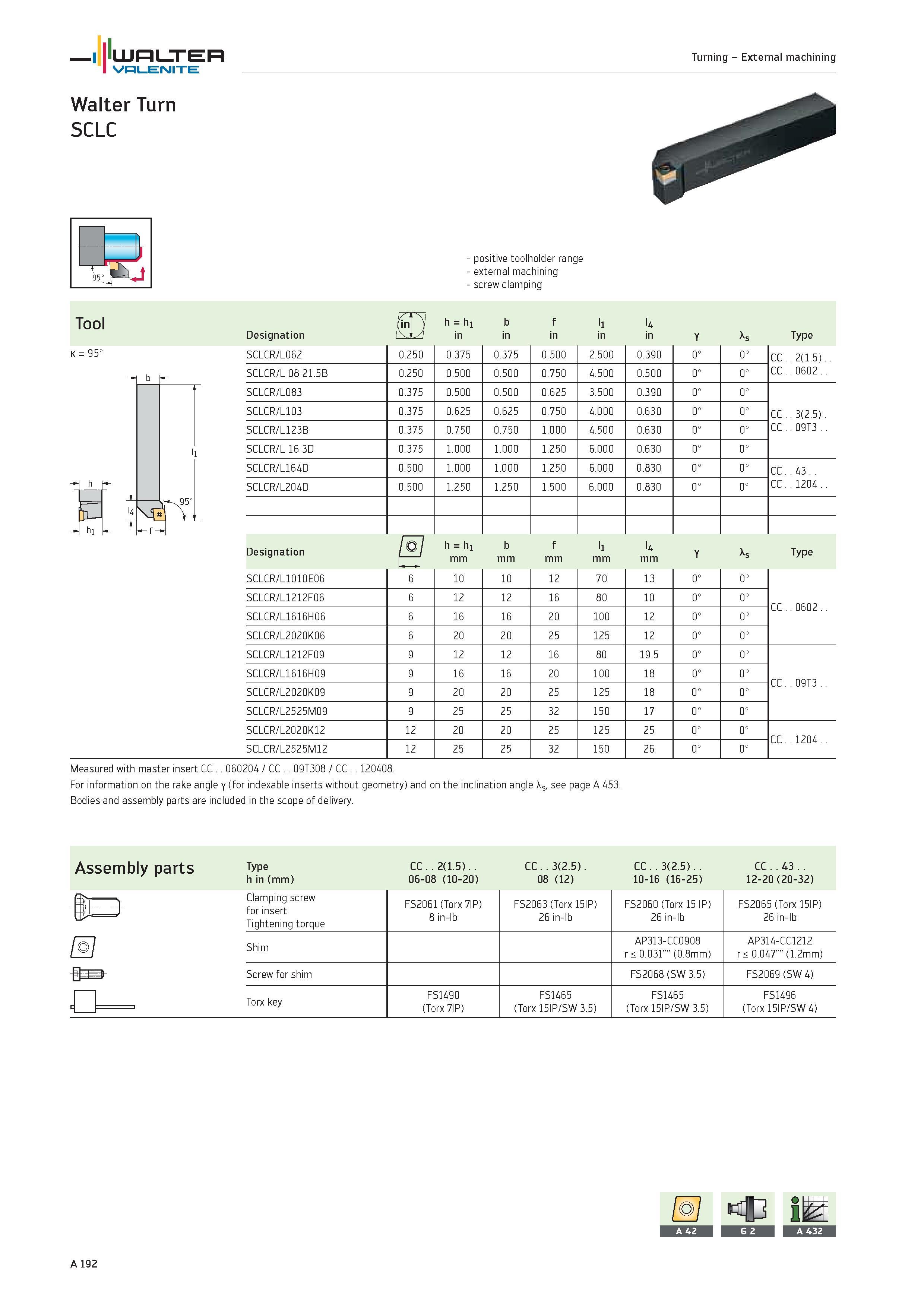 196 WALTER Valenite Walter Turn SCLC Turning External machining k 95° Designation positive toolholder range external machining screw clamping Tool h Каталог WALTER 2012 Металлорежущий инструмент и инструментальная оснастка Valenite для станков и металлообрабатывающих комплексов Стр. A192