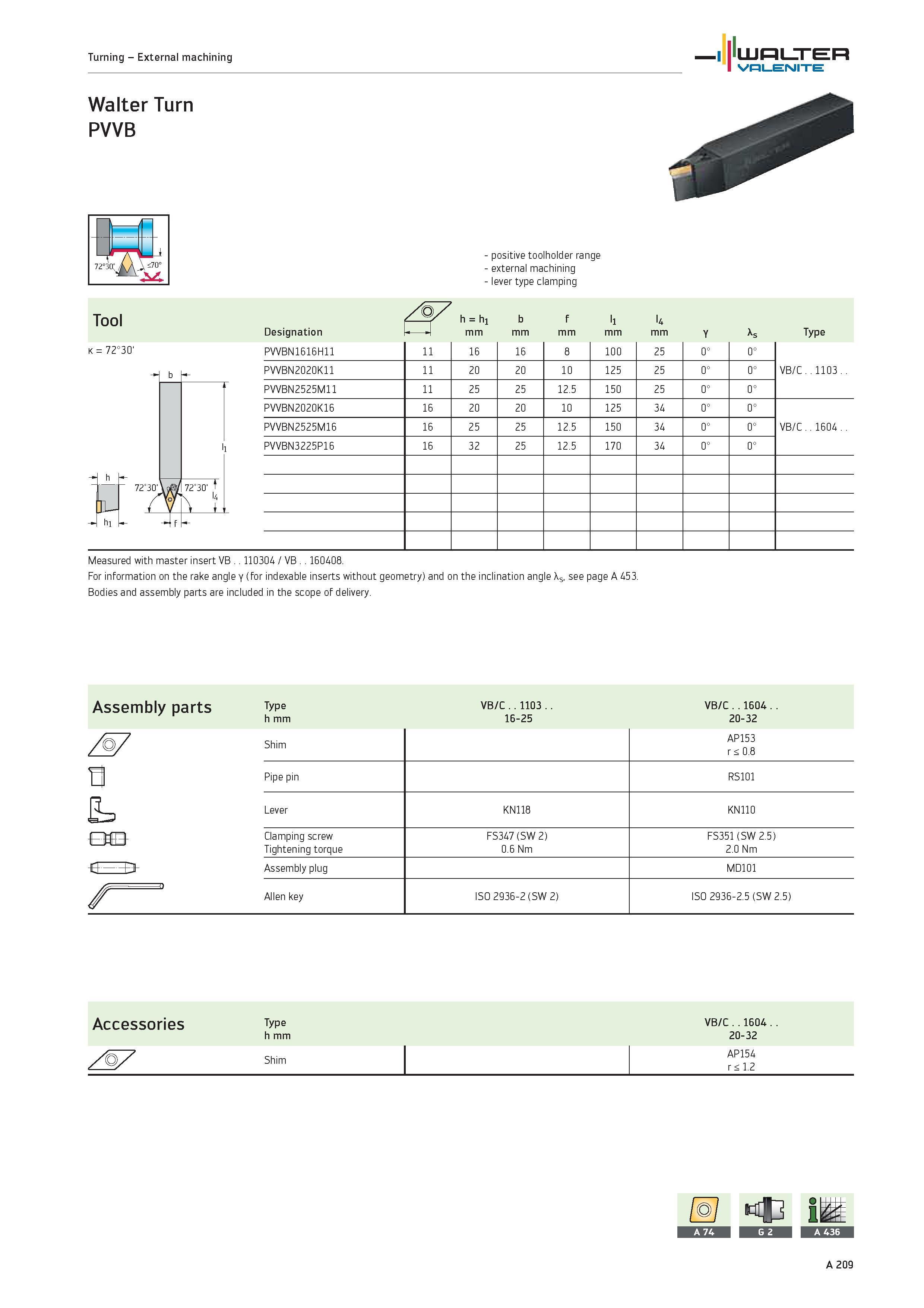 213 Turning External machining WALTER Valenite positive toolholder range external machining lever type clamping Tool S' /'' h h1 b f l1 l4 Designatio Каталог WALTER 2012 Металлорежущий инструмент и инструментальная оснастка Valenite для станков и металлообрабатывающих комплексов Стр. A209
