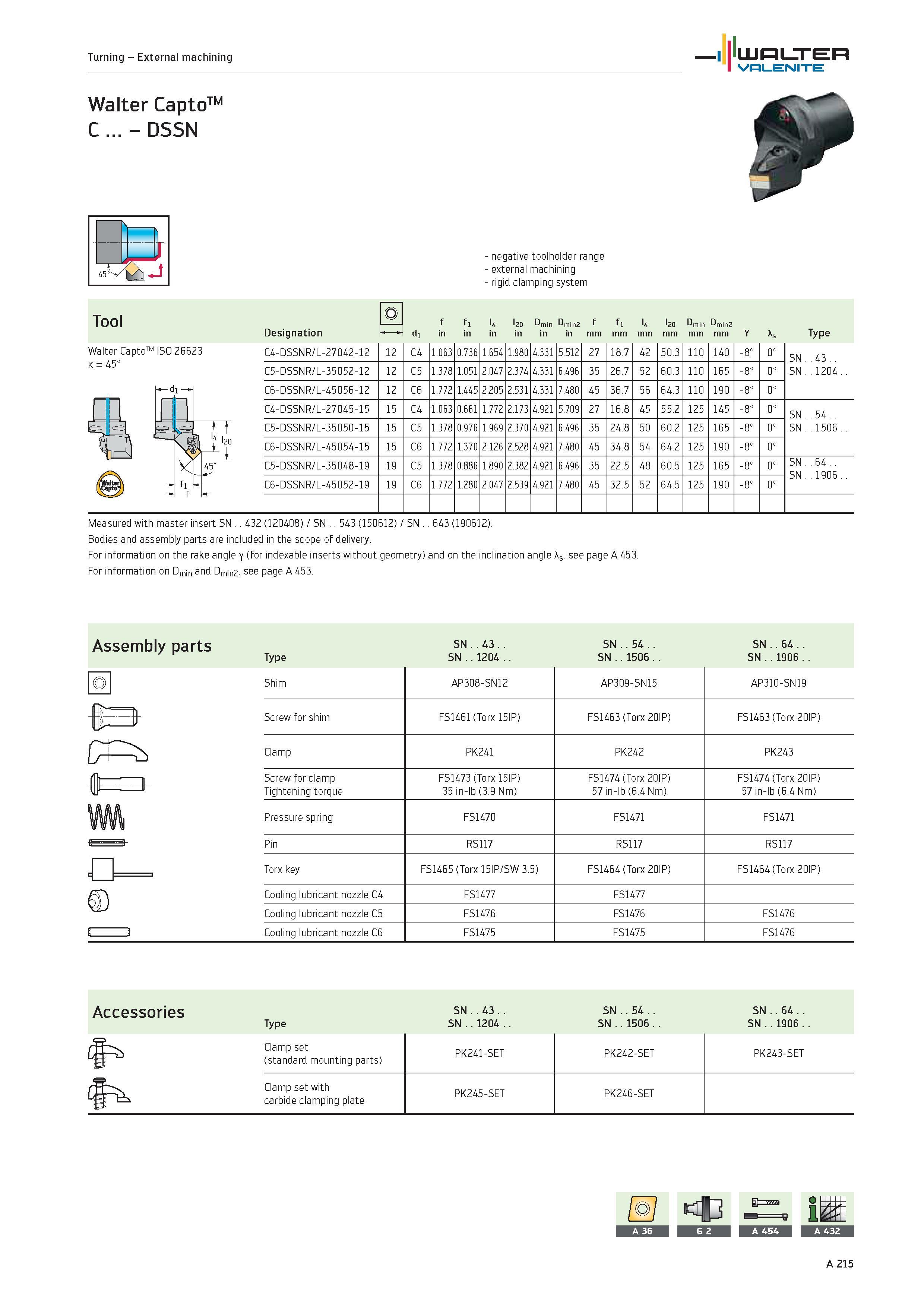 219 Turning External machining WALTER Valenite Walter CaptoTM C DSSN Tool Walter CaptoTM ISO 26623 k 45° negative toolholder range external machining Каталог WALTER 2012 Металлорежущий инструмент и инструментальная оснастка Valenite для станков и металлообрабатывающих комплексов Стр. A215
