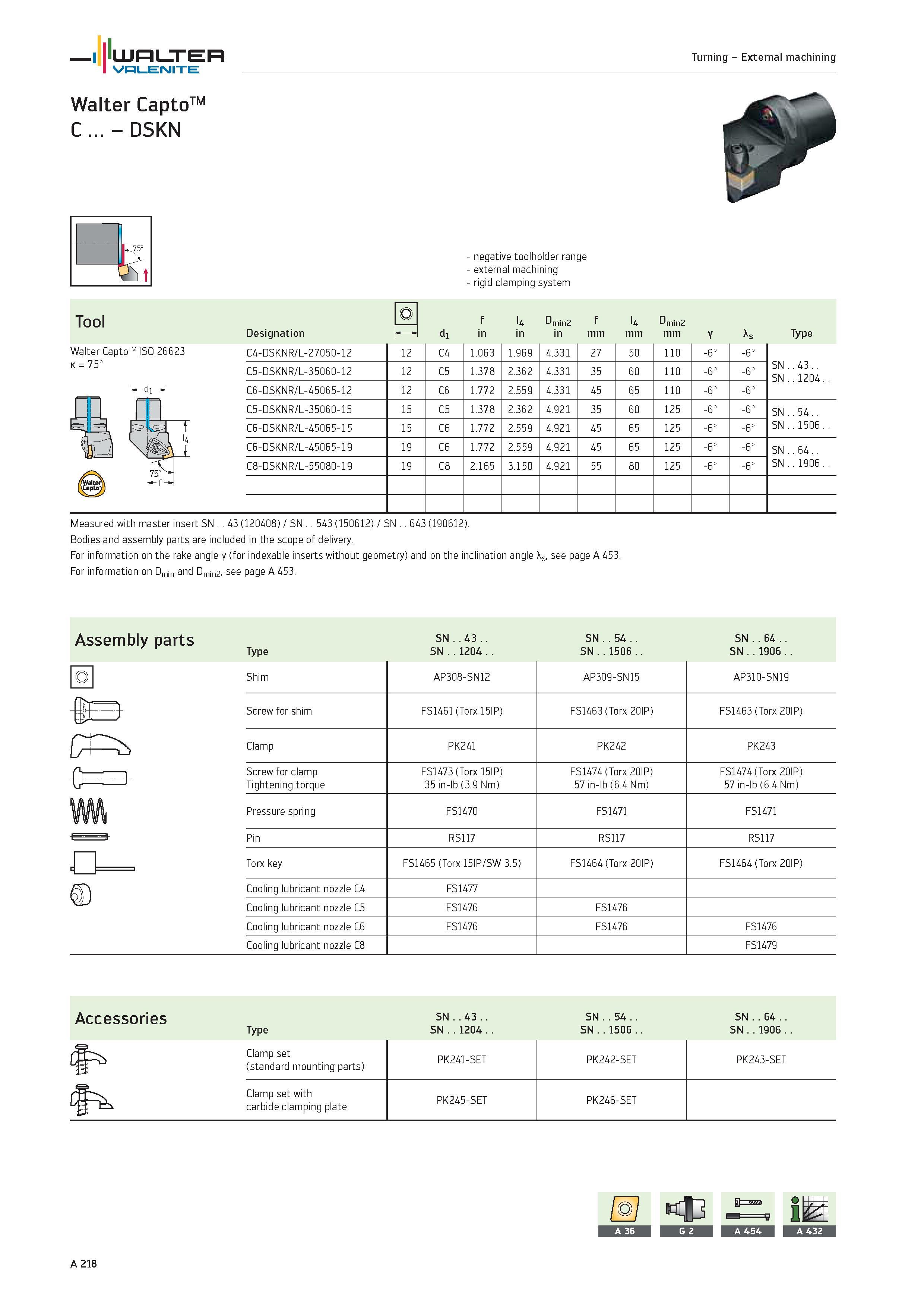 222 WALTER Valenite Turning External machining Walter CaptoTM C DSKN Walter CaptoTM ISO 26623 k 75° negative toolholder range external machining rigi Каталог WALTER 2012 Металлорежущий инструмент и инструментальная оснастка Valenite для станков и металлообрабатывающих комплексов Стр. A218