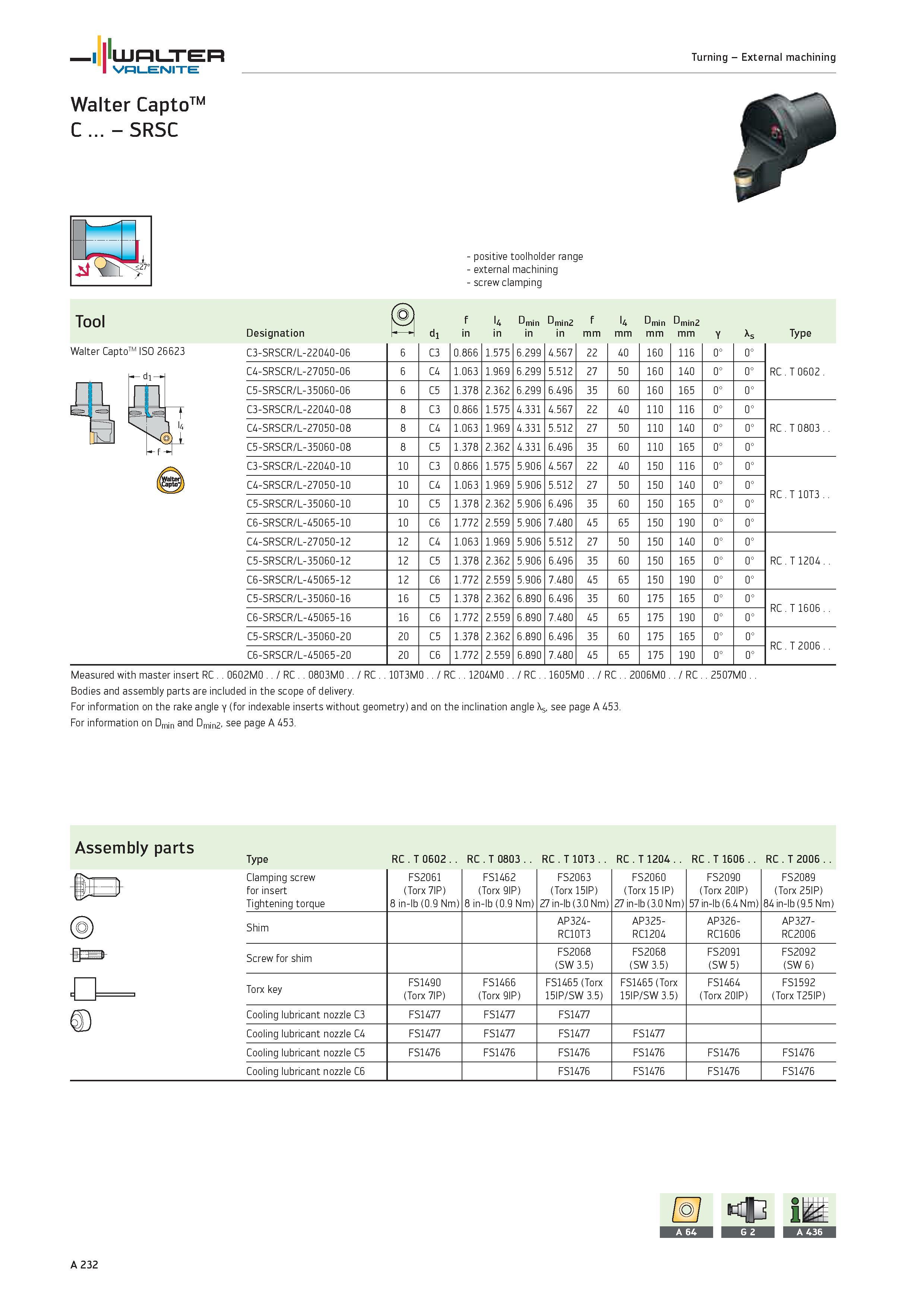 236 WALTER Valenite Turning External machining Walter CaptoTM C SRSC Walter CaptoTM ISO 26623 positive toolholder range external machining screw clam Каталог WALTER 2012 Металлорежущий инструмент и инструментальная оснастка Valenite для станков и металлообрабатывающих комплексов Стр. A232