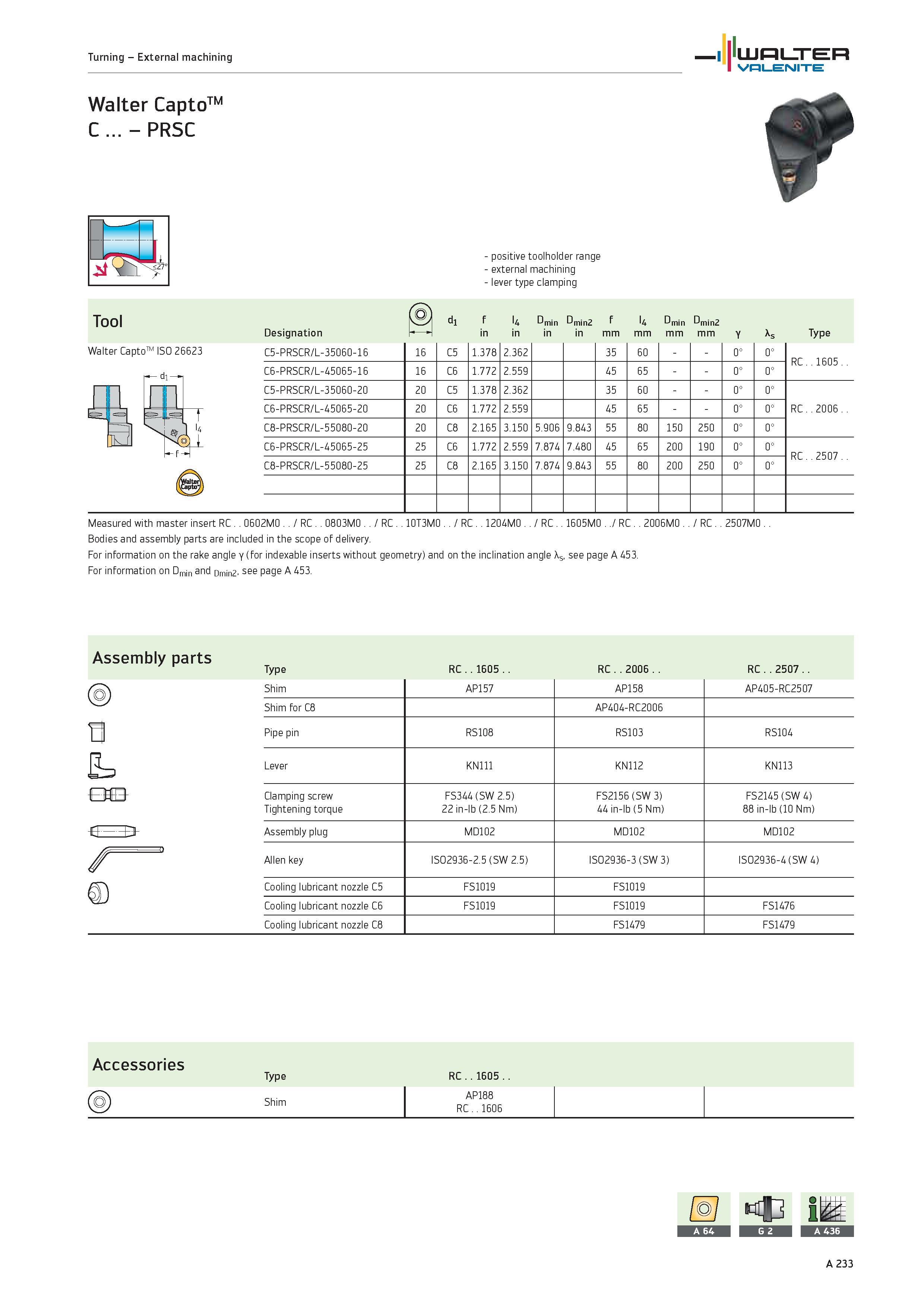 237 Turning External machining WALTER Valenite Walter CaptoTM C PRSC Walter CaptoTM ISO 26623 positive toolholder range external machining lever type Каталог WALTER 2012 Металлорежущий инструмент и инструментальная оснастка Valenite для станков и металлообрабатывающих комплексов Стр. A233
