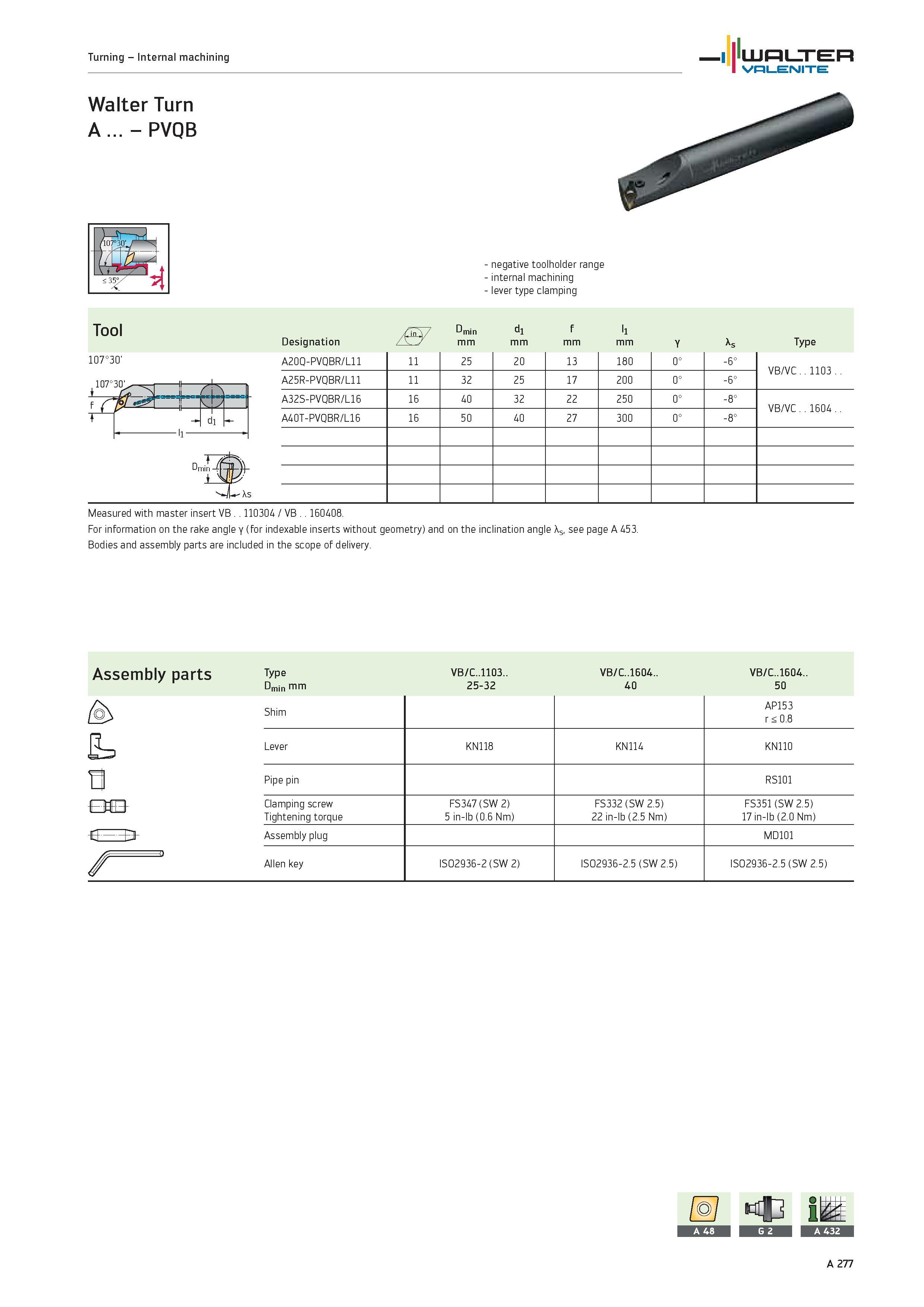 281 Turning Internal machining WALTER Valenite Walter Turn A PVQB 107°30' negative toolholder range internal machining lever type clamping Tool Dmin Каталог WALTER 2012 Металлорежущий инструмент и инструментальная оснастка Valenite для станков и металлообрабатывающих комплексов Стр. A277