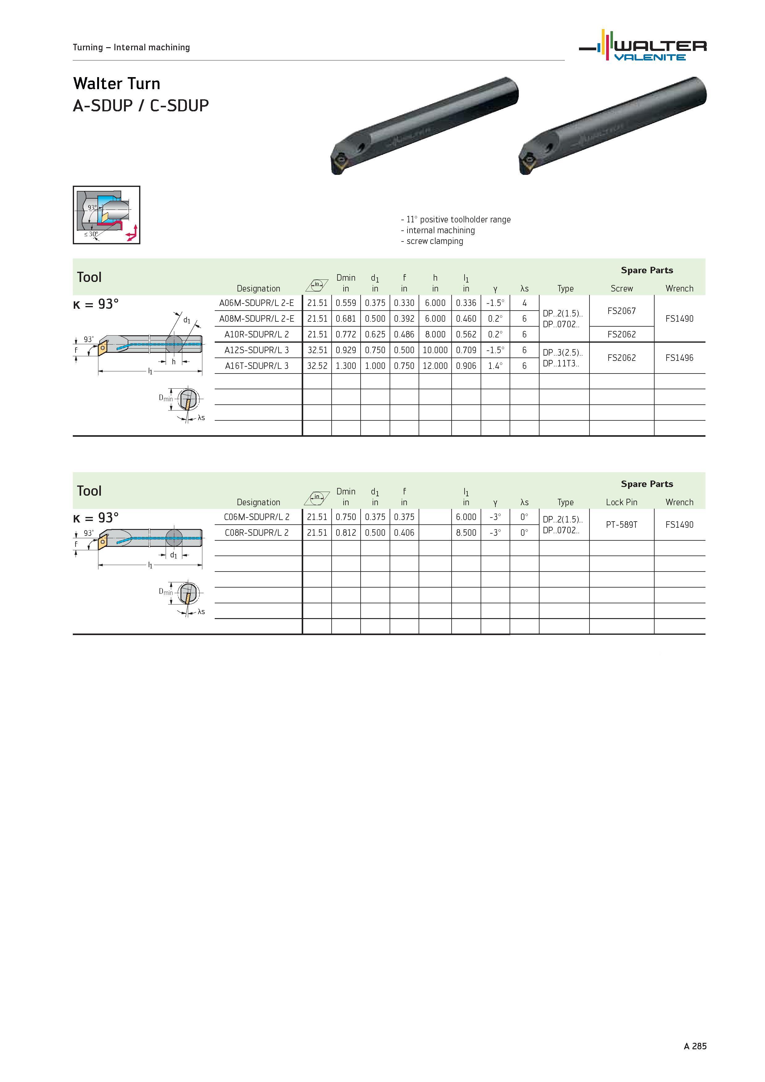 289 Turning Internal machining WALTER Valenite Walter Turn A-SDUP / C-SDUP 11° positive toolholder range internal machining screw clamping Tool d in Каталог WALTER 2012 Металлорежущий инструмент и инструментальная оснастка Valenite для станков и металлообрабатывающих комплексов Стр. A285