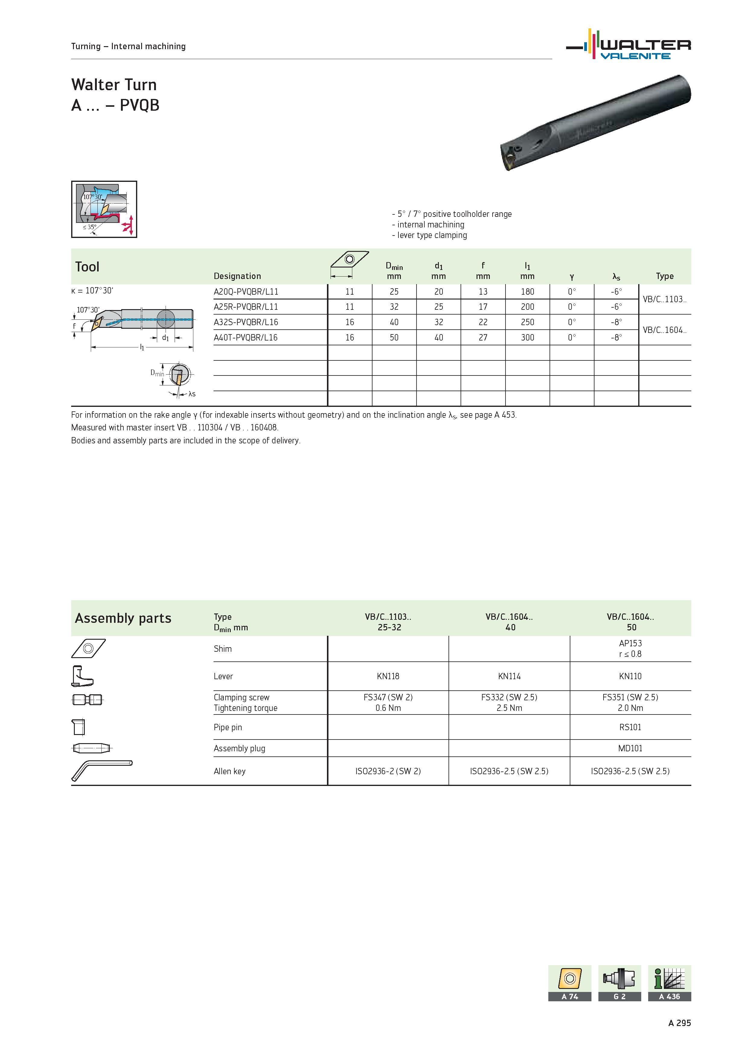 299 Turning Internal machining WALTER Valenite Walter Turn A PVQB k 107°30' 107°30' 5° / 7° positive toolholder range internal machining lever type c Каталог WALTER 2012 Металлорежущий инструмент и инструментальная оснастка Valenite для станков и металлообрабатывающих комплексов Стр. A295
