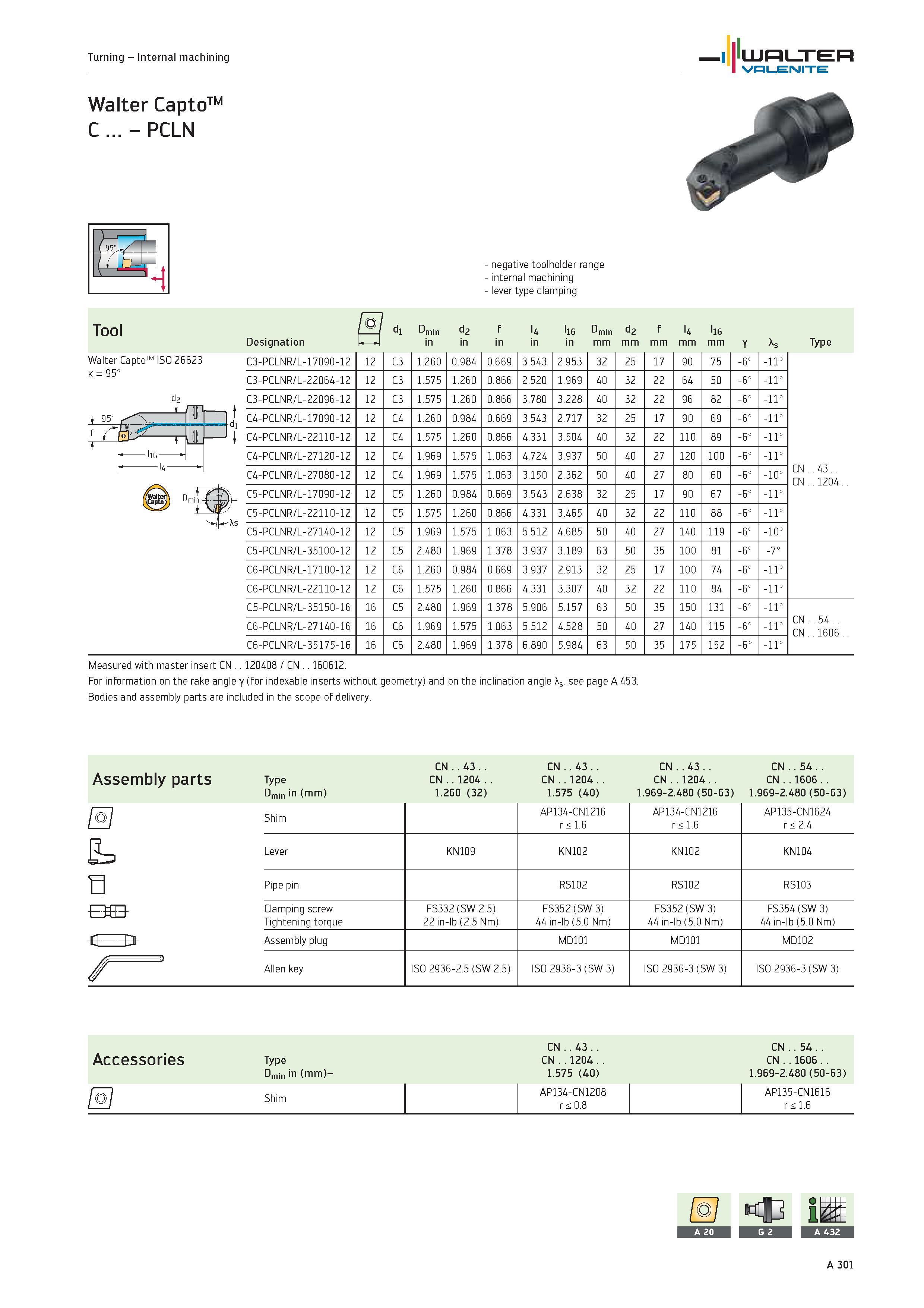305 Turning Internal machining WALTER Valenite Walter CaptoTM C PCLN negative toolholder range internal machining lever type clamping Tool Designatio Каталог WALTER 2012 Металлорежущий инструмент и инструментальная оснастка Valenite для станков и металлообрабатывающих комплексов Стр. A301