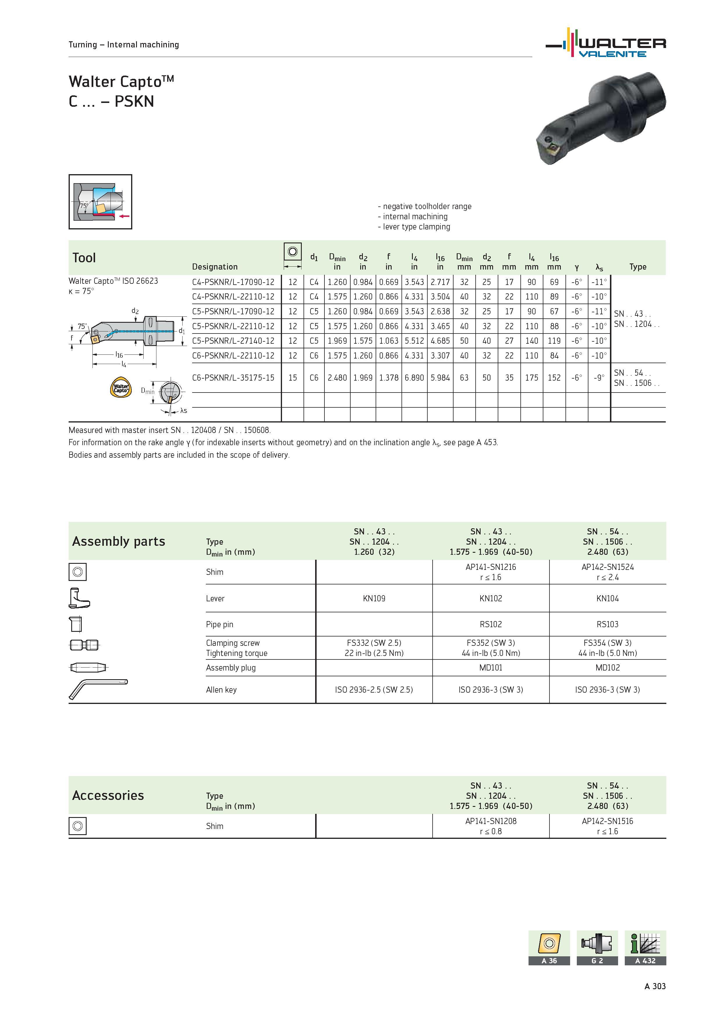 307 Turning Internal machining WALTER Valenite Tool Designation u d1 Dmin d2 f T4 T16 Dmin d2 f T4 T16 in mm y Xs Type Walter CaptoTM ISO 26623 K 75° Каталог WALTER 2012 Металлорежущий инструмент и инструментальная оснастка Valenite для станков и металлообрабатывающих комплексов Стр. A303