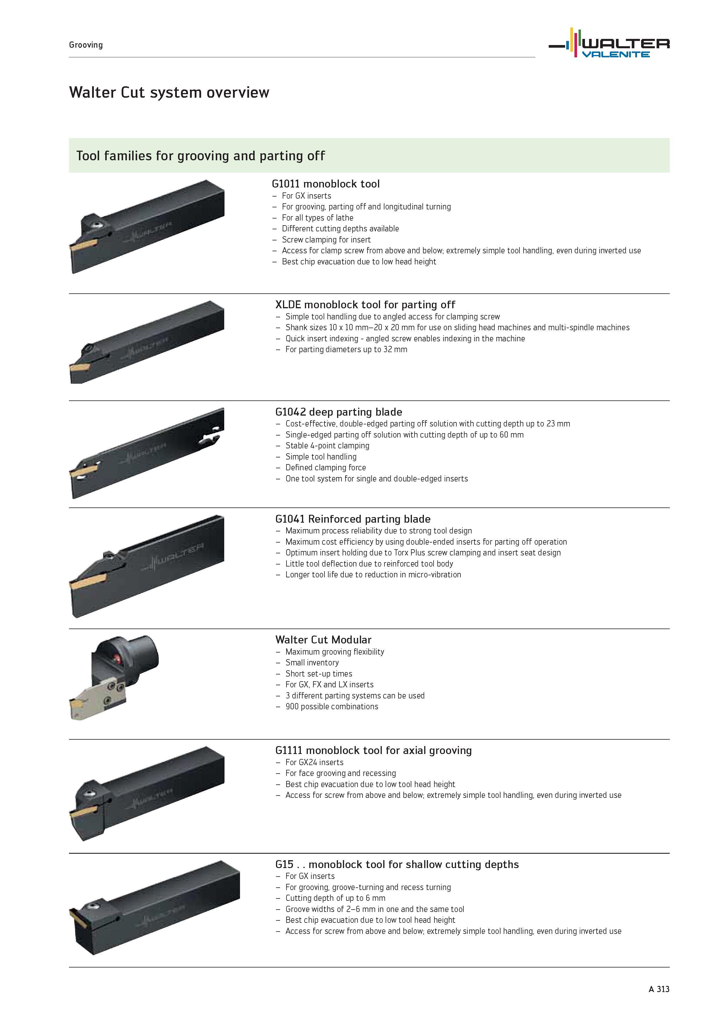 317 Walter Cut system overview Tool families for grooving and parting off G1011 monoblock tool For GX inserts For grooving, parting off and longitudi Каталог WALTER 2012 Металлорежущий инструмент и инструментальная оснастка Valenite для станков и металлообрабатывающих комплексов Стр. A313