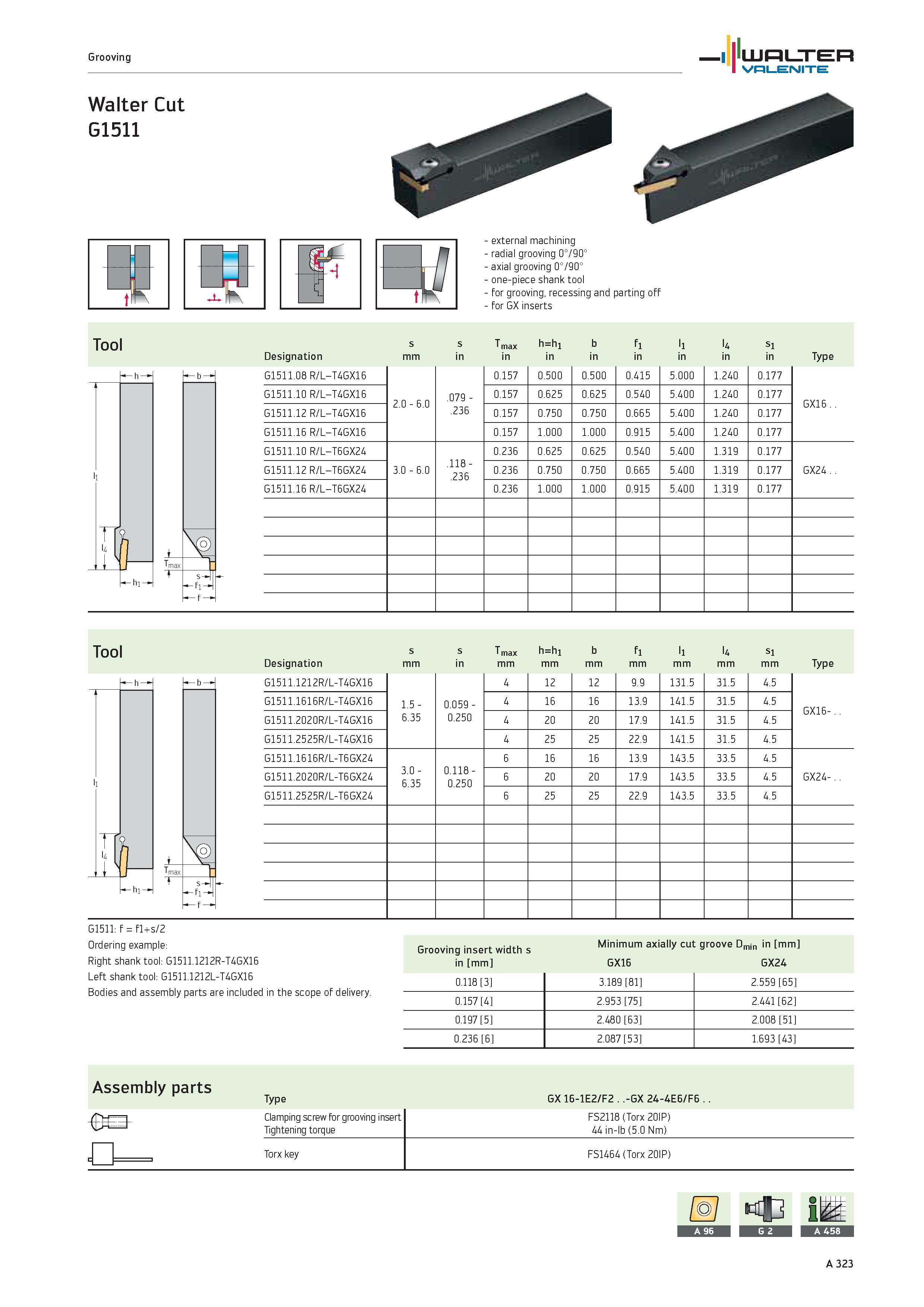 327 Grooving WALTER Valenite Walter Cut G1511 external machining radial grooving 0°/90° axial grooving 0°/90° one-piece shank tool for grooving, rece Каталог WALTER 2012 Металлорежущий инструмент и инструментальная оснастка Valenite для станков и металлообрабатывающих комплексов Стр. A323