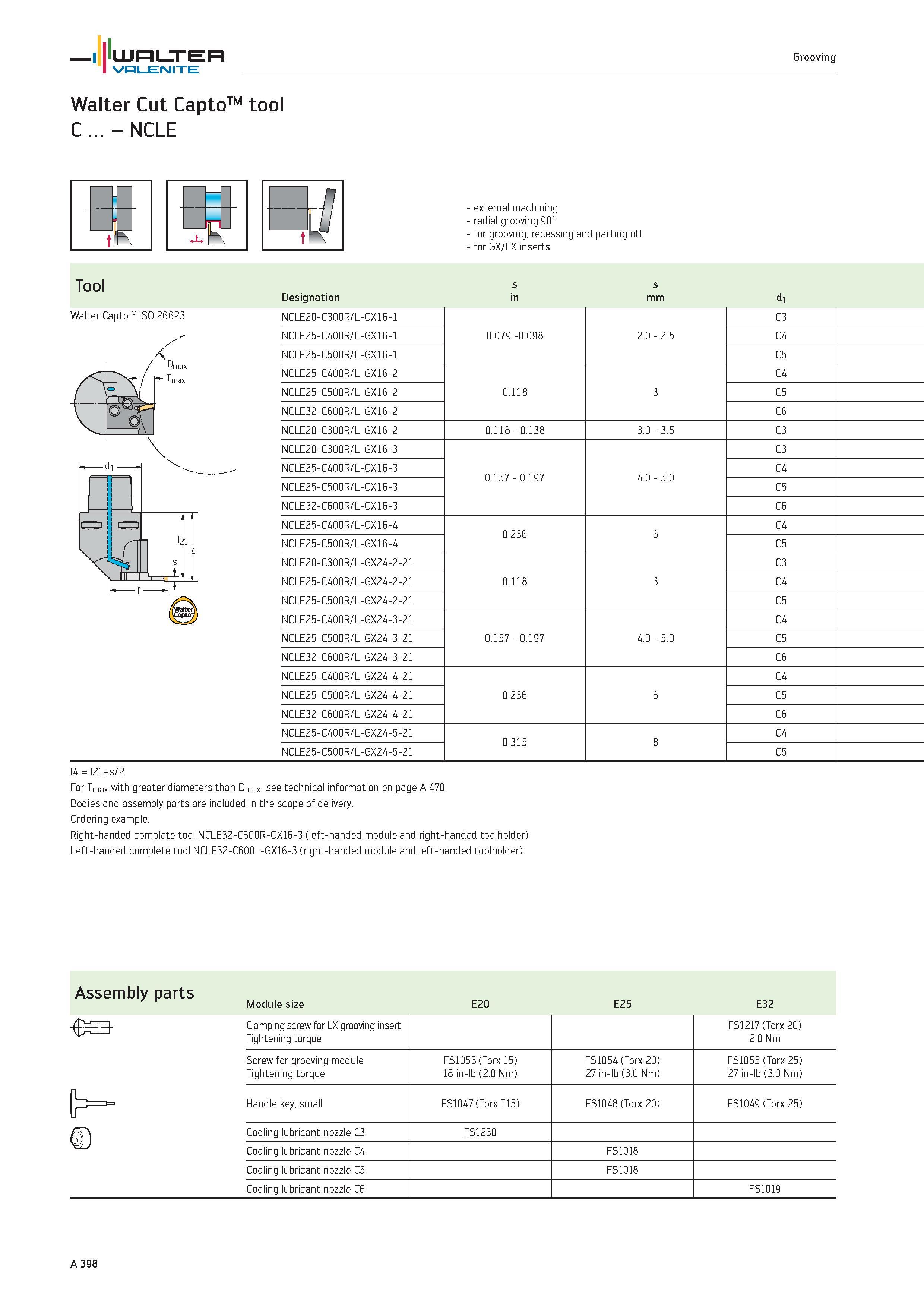 402 WALTER Valenite Grooving Walter Cut CaptoTM tool C NCLE external machining radial grooving 90° for grooving, recessing and parting off for GX/LX Каталог WALTER 2012 Металлорежущий инструмент и инструментальная оснастка Valenite для станков и металлообрабатывающих комплексов Стр. A398