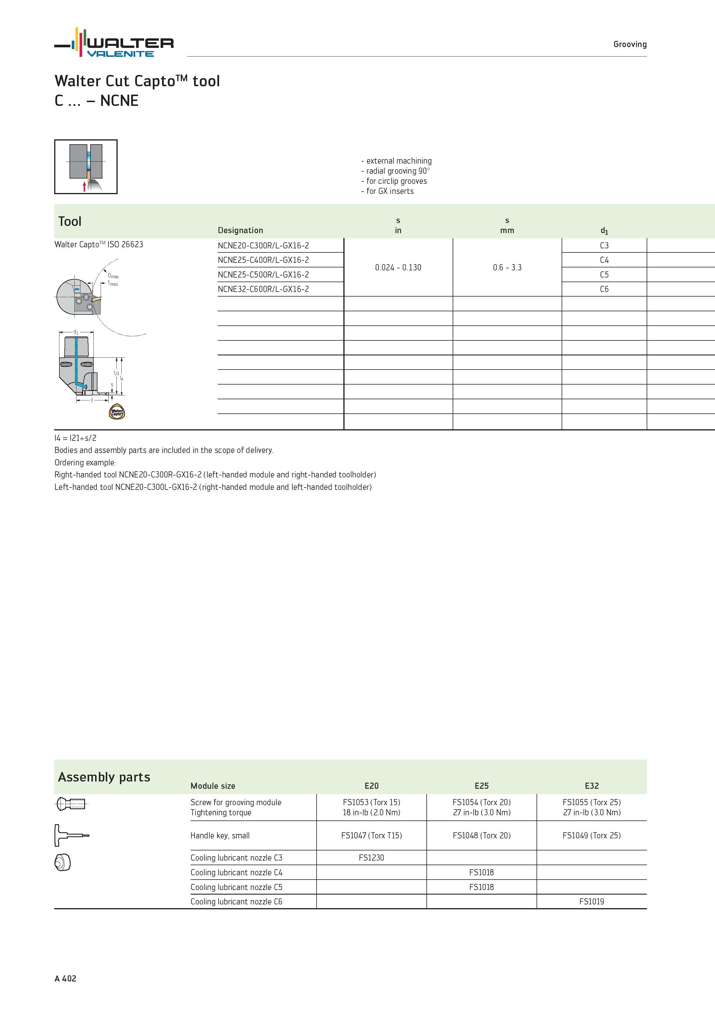 406 WALTER Grooving Valenite Walter Cut CaptoTM tool C NCNE external machining radial grooving 90° for circlip grooves for GX inserts Tool Walter Cap Каталог WALTER 2012 Металлорежущий инструмент и инструментальная оснастка Valenite для станков и металлообрабатывающих комплексов Стр. A402