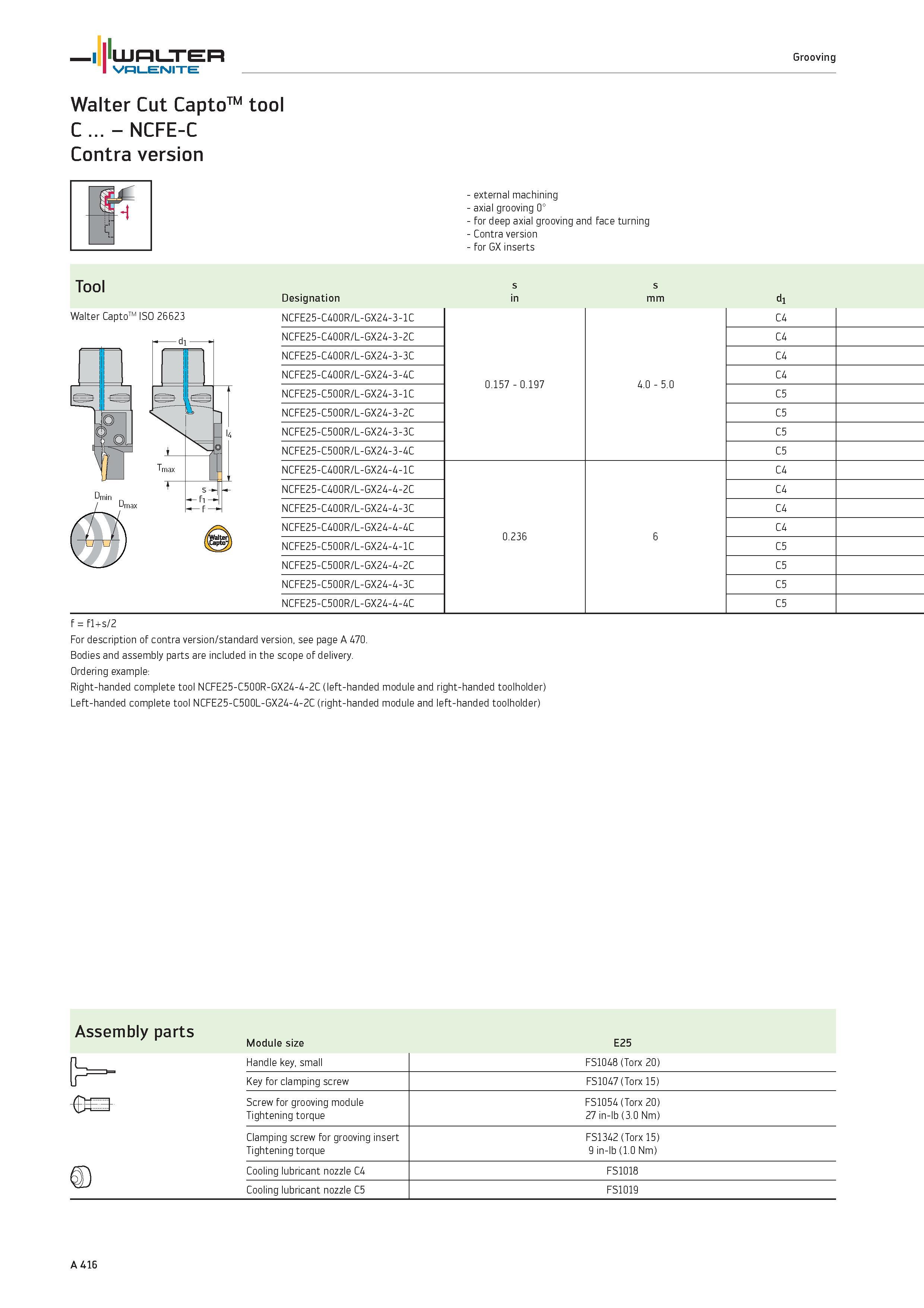 420 WALTER Valenite Walter Cut CaptoTM tool C NCFE-C Contra version Grooving external machining axial grooving 0° for deep axial grooving and face tu Каталог WALTER 2012 Металлорежущий инструмент и инструментальная оснастка Valenite для станков и металлообрабатывающих комплексов Стр. A416