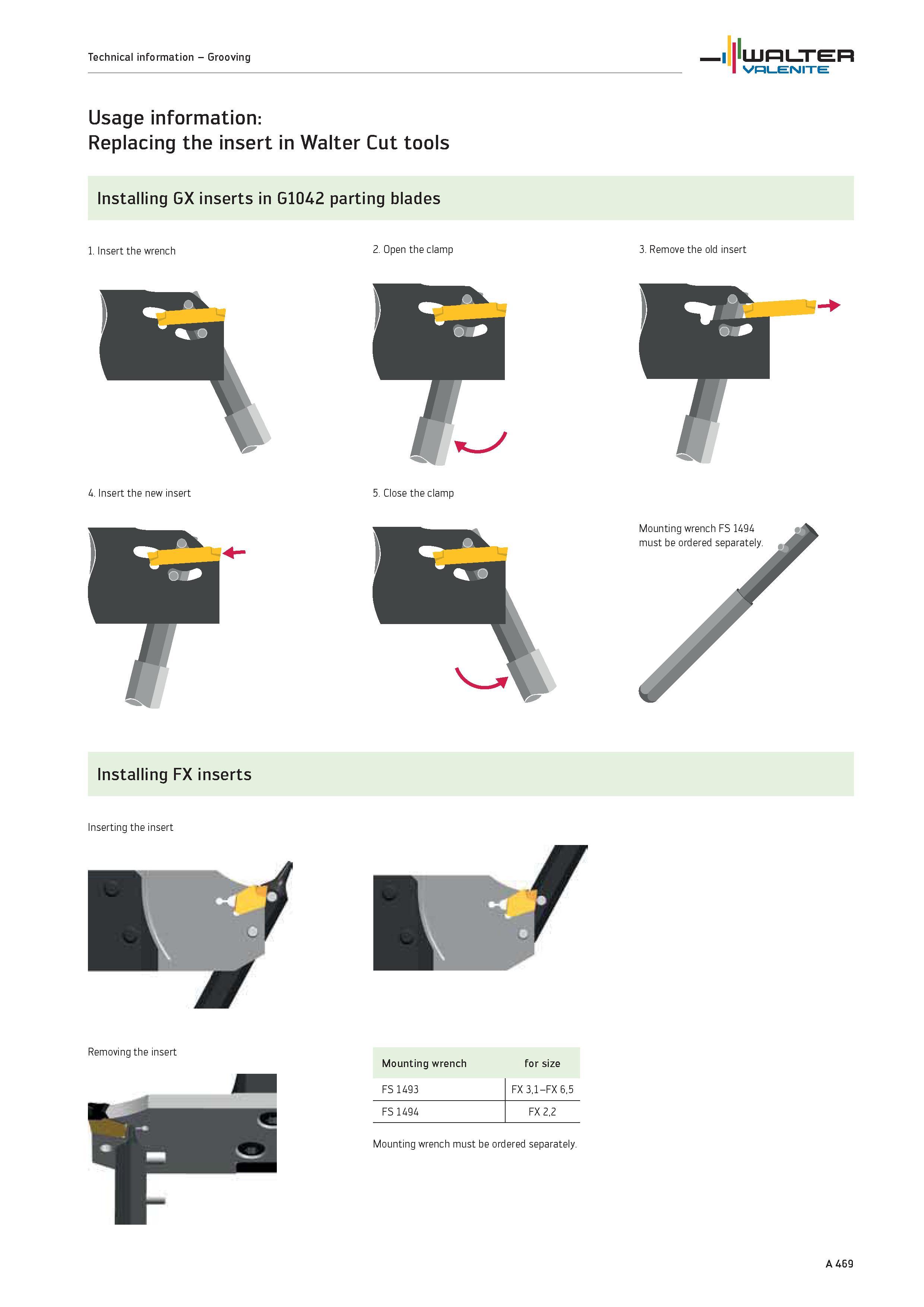 473 Replacing the insert in Walter Cut tools Installing GX inserts in G1042 parting blades 1 Insert the wrench 4 Insert the new insert 2 Open the cla Каталог WALTER 2012 Металлорежущий инструмент и инструментальная оснастка Valenite для станков и металлообрабатывающих комплексов Стр. A469