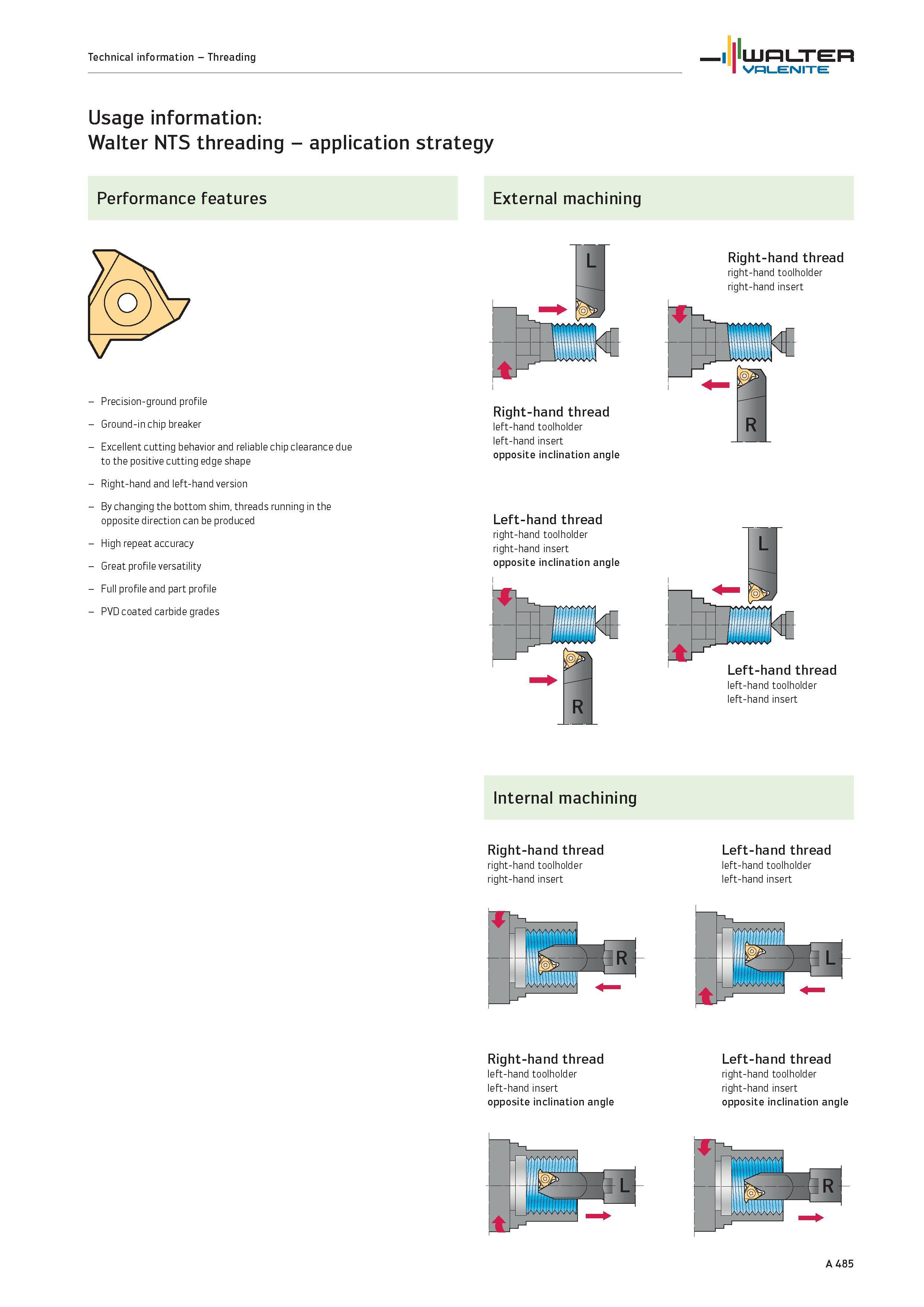 489 Walter NTS threading application strategy Performance features External machining Precision-ground profile Ground-in chip breaker Excellent cutti Каталог WALTER 2012 Металлорежущий инструмент и инструментальная оснастка Valenite для станков и металлообрабатывающих комплексов Стр. A485