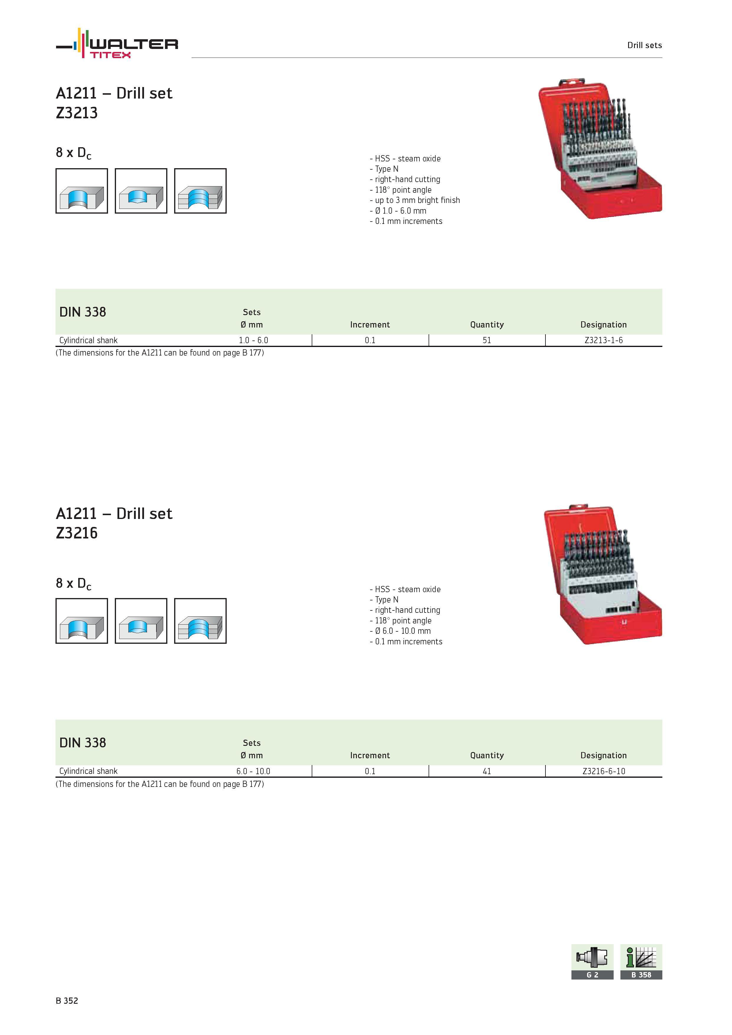 850 Drill sets WALTER TITEX DIN 338 Increment Quantity Designation Cylindrical shank 1 0 6 0 0 1 51 Z3213-1-6 (The dimensions for the A1211 can be fo Каталог WALTER 2012 Металлорежущий инструмент и инструментальная оснастка Valenite для станков и металлообрабатывающих комплексов Стр. B352