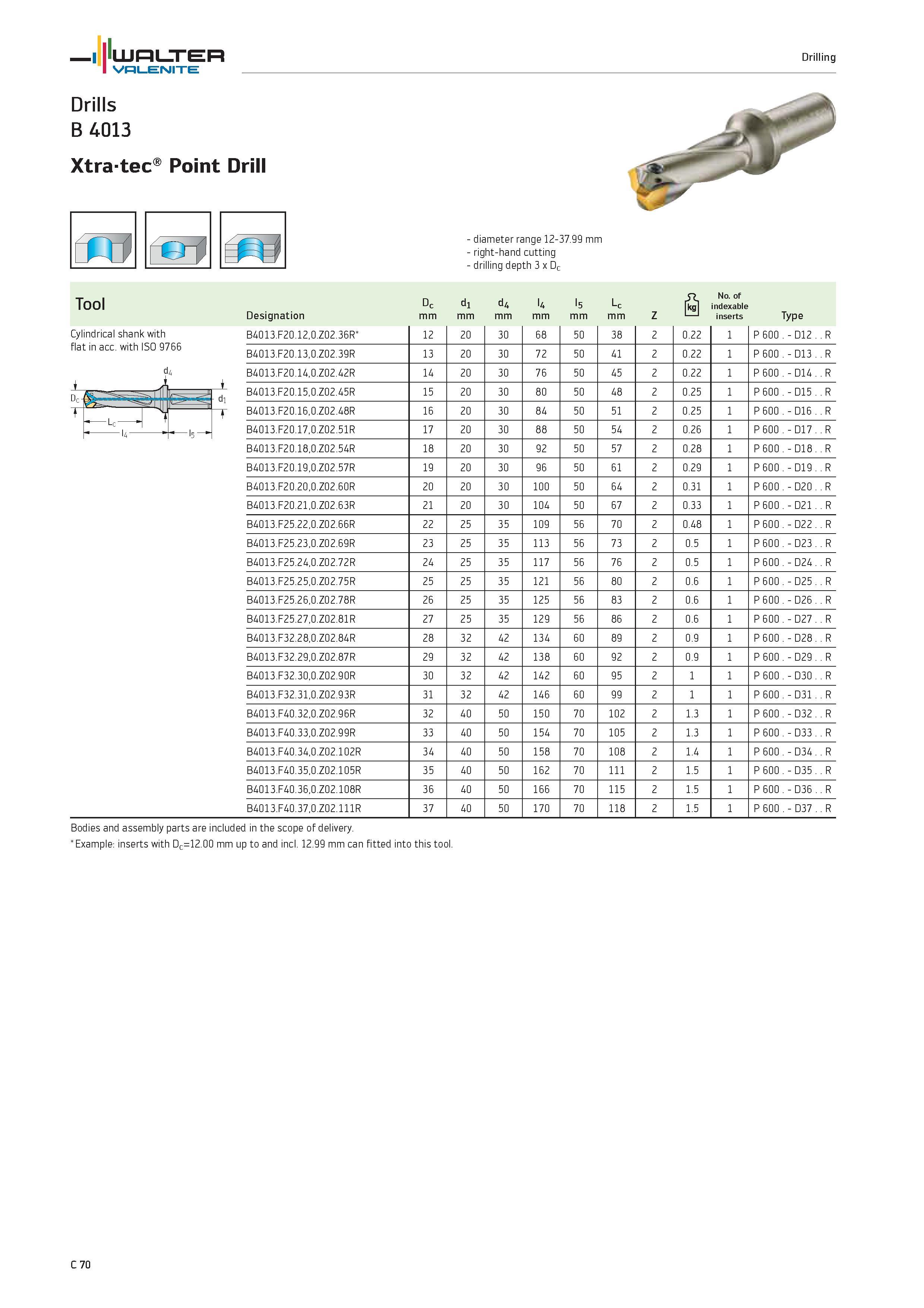 972 WALTER Valenite Drilling Drills B 4013 Xtra-tec1' Point Drill fil re diameter range 12-37 99 mm right-hand cutting drilling depth 3 x Dc Tool Cyl Каталог WALTER 2012 Металлорежущий инструмент и инструментальная оснастка Valenite для станков и металлообрабатывающих комплексов Стр. C70