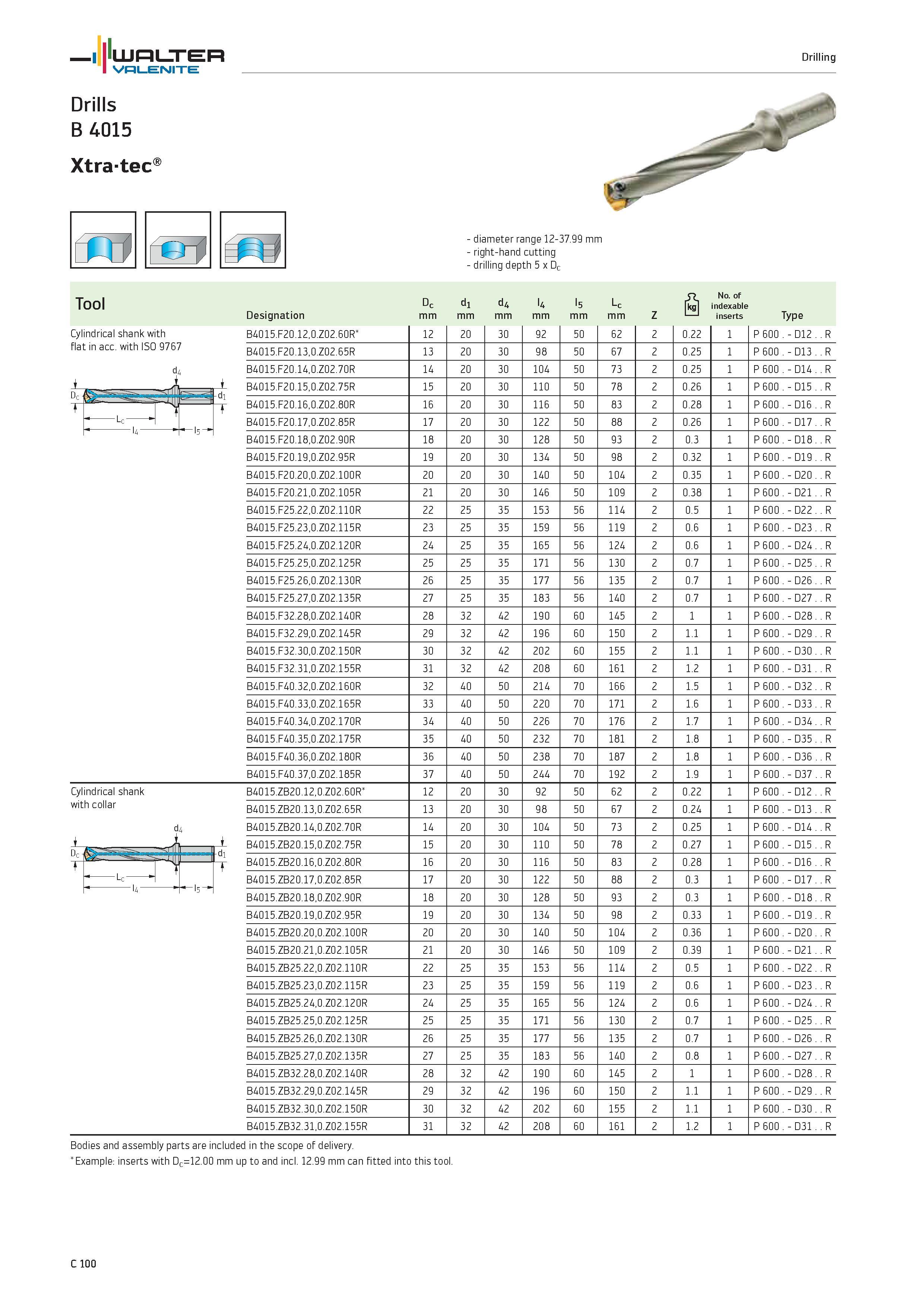 1002 WALTER Valenite Drilling Drills B 4015 Xtra-tec fil re diameter range 12-37 99 mm right-hand cutting drilling depth 5 x Dc Tool Designation Dc mm Каталог WALTER 2012 Металлорежущий инструмент и инструментальная оснастка Valenite для станков и металлообрабатывающих комплексов Стр. C100