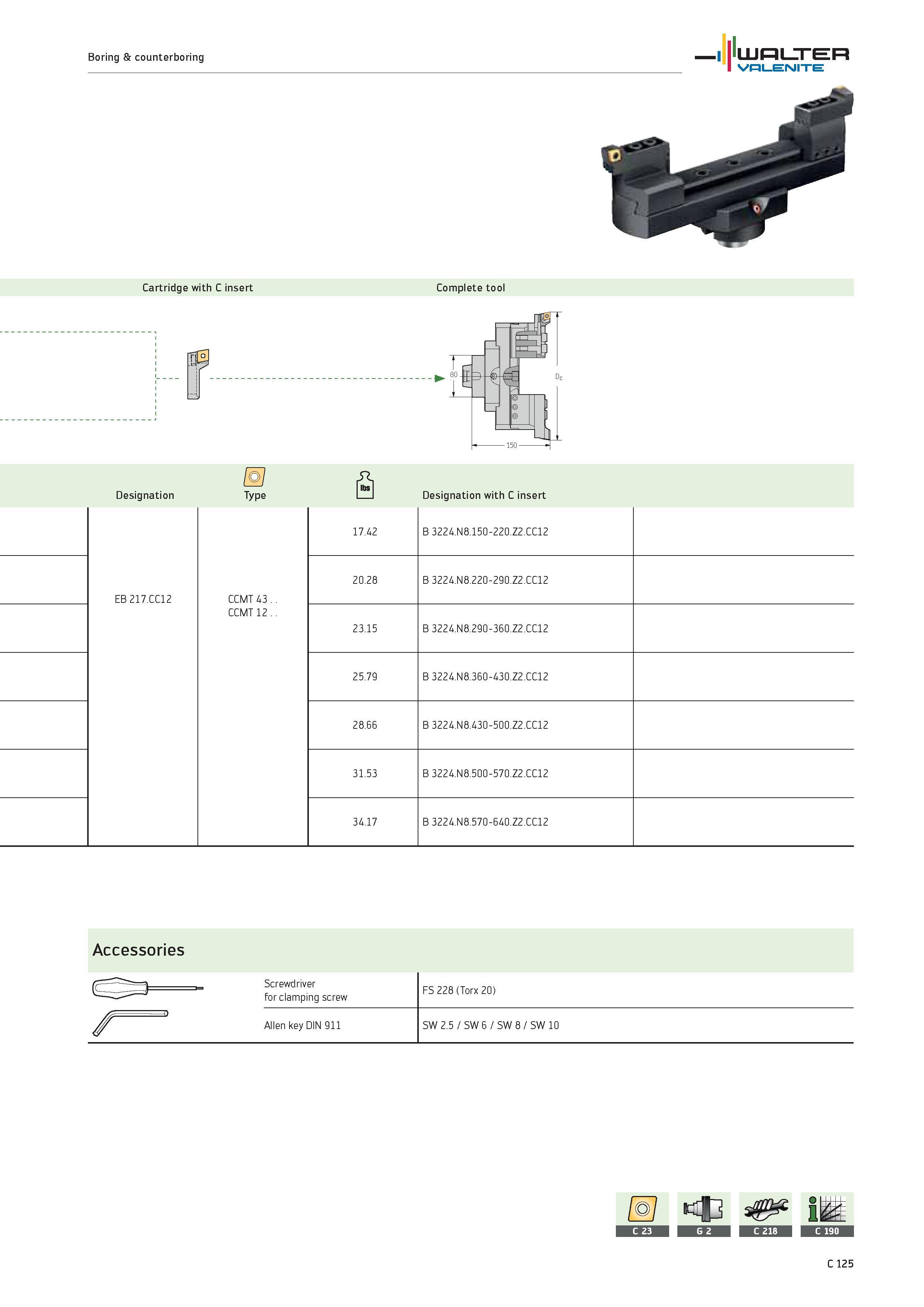 1027 Boring counterboring WALTER Valenite Cartridge with C insert Complete tool Designation EB 217 CC12 Type CCMT 43 CCMT 12 Designation with C insert Каталог WALTER 2012 Металлорежущий инструмент и инструментальная оснастка Valenite для станков и металлообрабатывающих комплексов Стр. C125