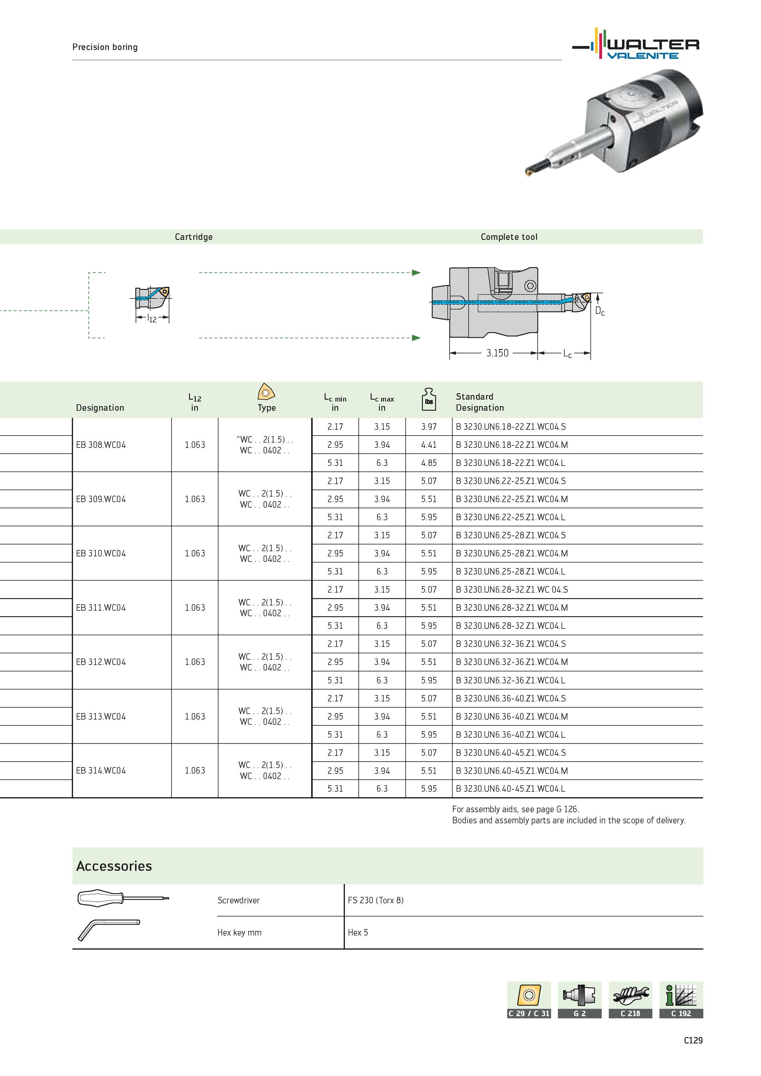 1031 Precision boring WALTER Valenite Cartridge Complete tool -Il2 Designation L12 in Type c min in c max in Standard Designation EB 308 WC04 1 063 WC Каталог WALTER 2012 Металлорежущий инструмент и инструментальная оснастка Valenite для станков и металлообрабатывающих комплексов Стр. C129