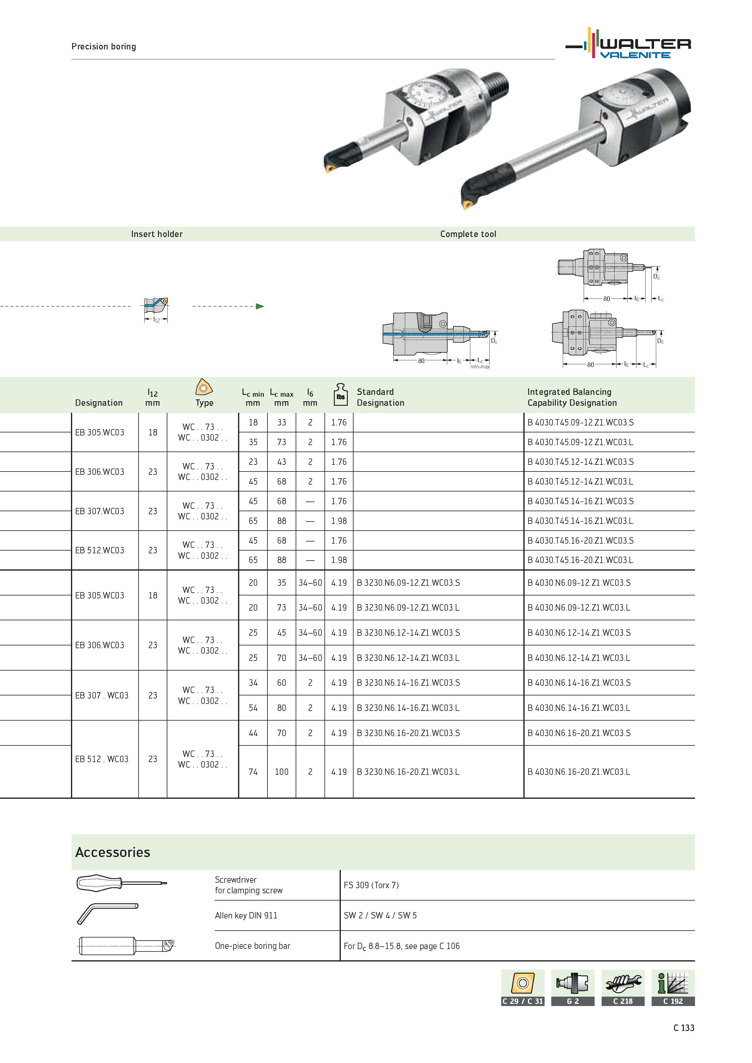 1035 Precision boring WALTER Valenite Insert holder m Complete tool 80 -l6 ’ n o o l\r+ rh U -80 I6 Lc 112 Designation mm Type Lc min Lc max l6 r i St Каталог WALTER 2012 Металлорежущий инструмент и инструментальная оснастка Valenite для станков и металлообрабатывающих комплексов Стр. C133