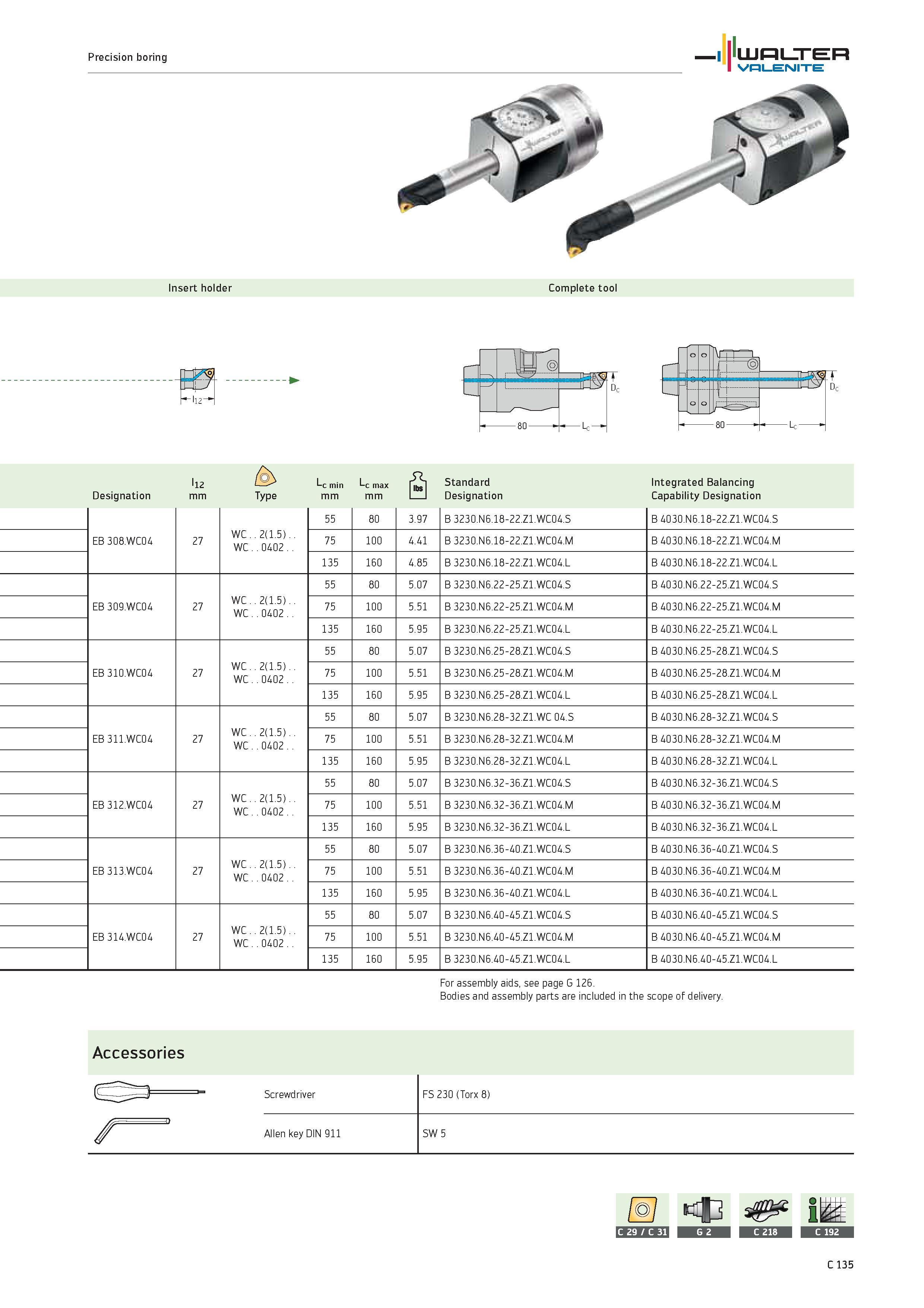 1037 Precision boring WALTER Valenite Insert holder Complete tool -ll2- We Designation l12 mm Type c min mm c max mm Standard Designation Integrated B Каталог WALTER 2012 Металлорежущий инструмент и инструментальная оснастка Valenite для станков и металлообрабатывающих комплексов Стр. C135